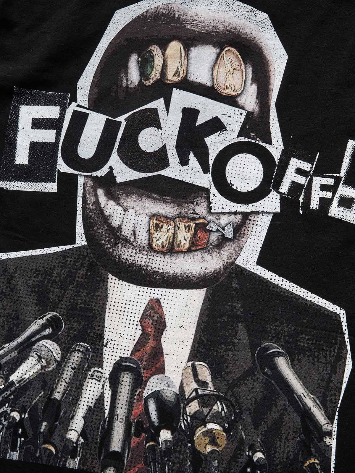 Close-up of the microphone forest and diamond mouth print, highlighting the textures and the "ransom note" lettering.