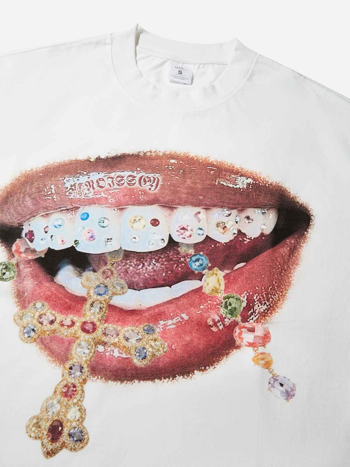 Close-up of the rhinestone-effect cross and diamond teeth grillz print