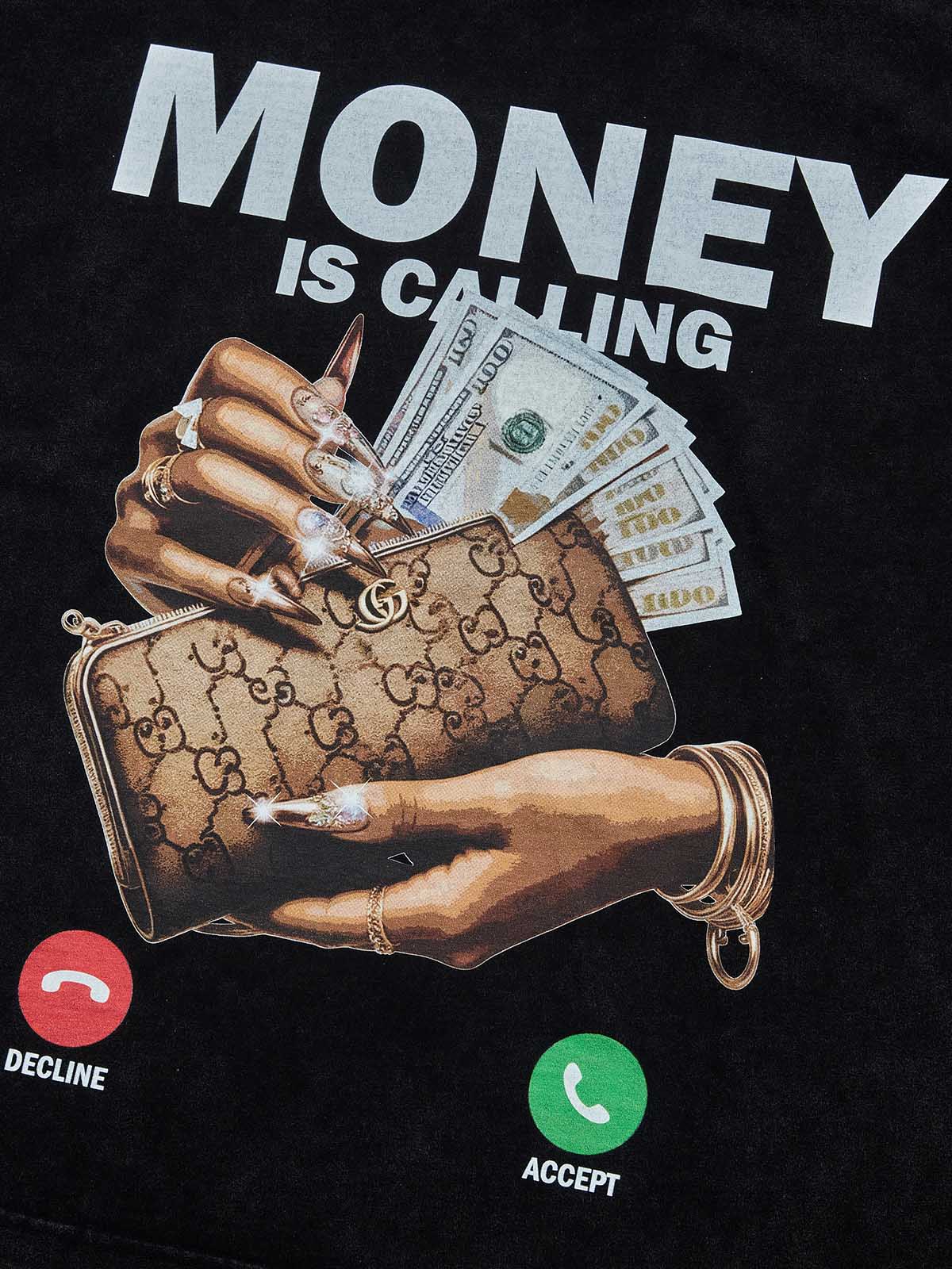 Close-up of the silver metal studs on the ribbed collar and the high-definition pop art money print.