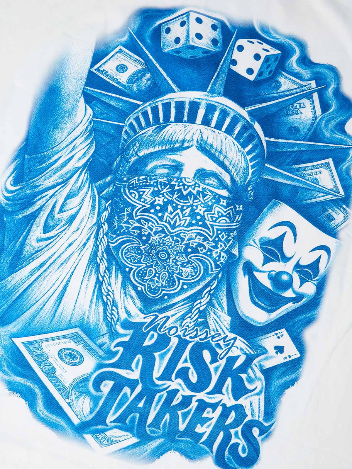 Close-up of the stipple-art shading on the dice and currency, showcasing the high-definition ink saturation and airbrushed aesthetic.