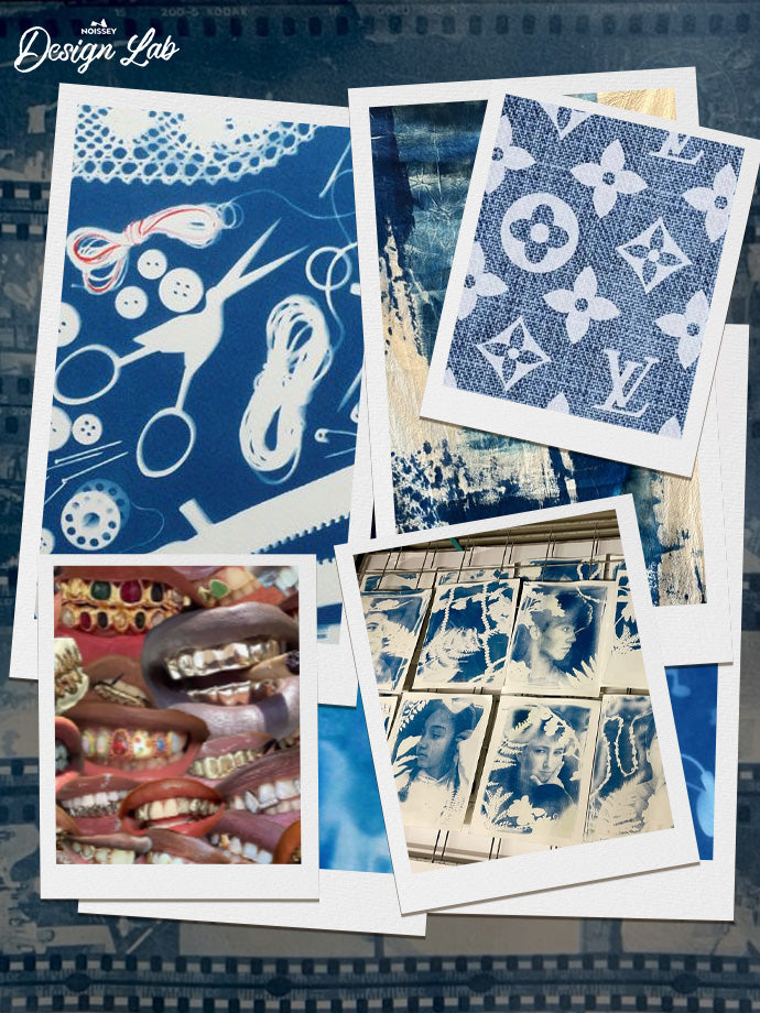 Collage of blue cyanotype art prints and streetwear inspiration photos