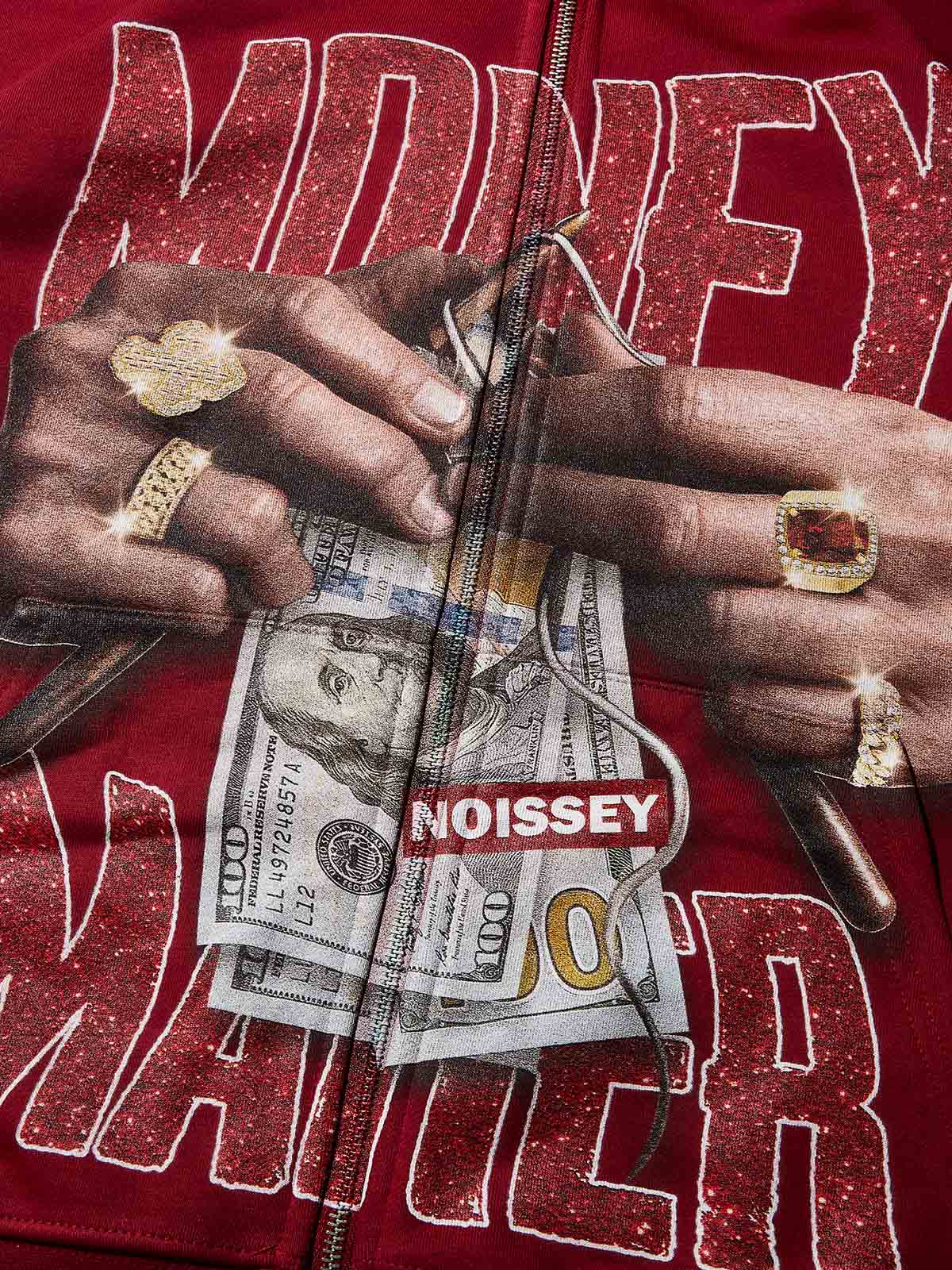 Detail of hands holding 100 dollar bills graphic with sparkling rhinestone text overlay