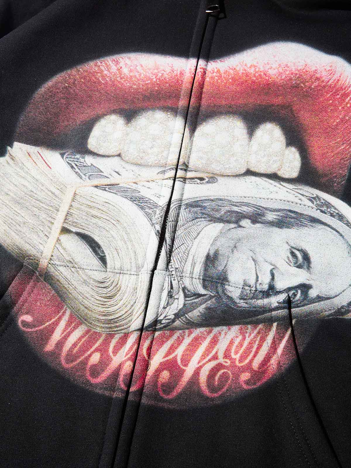 Detail of the red lips biting a stack of 100 dollar bills graphic print