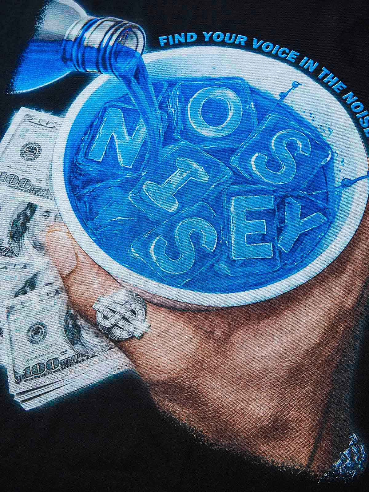 Detail of the text "Find Your Voice In The Noise" printed above the graphic