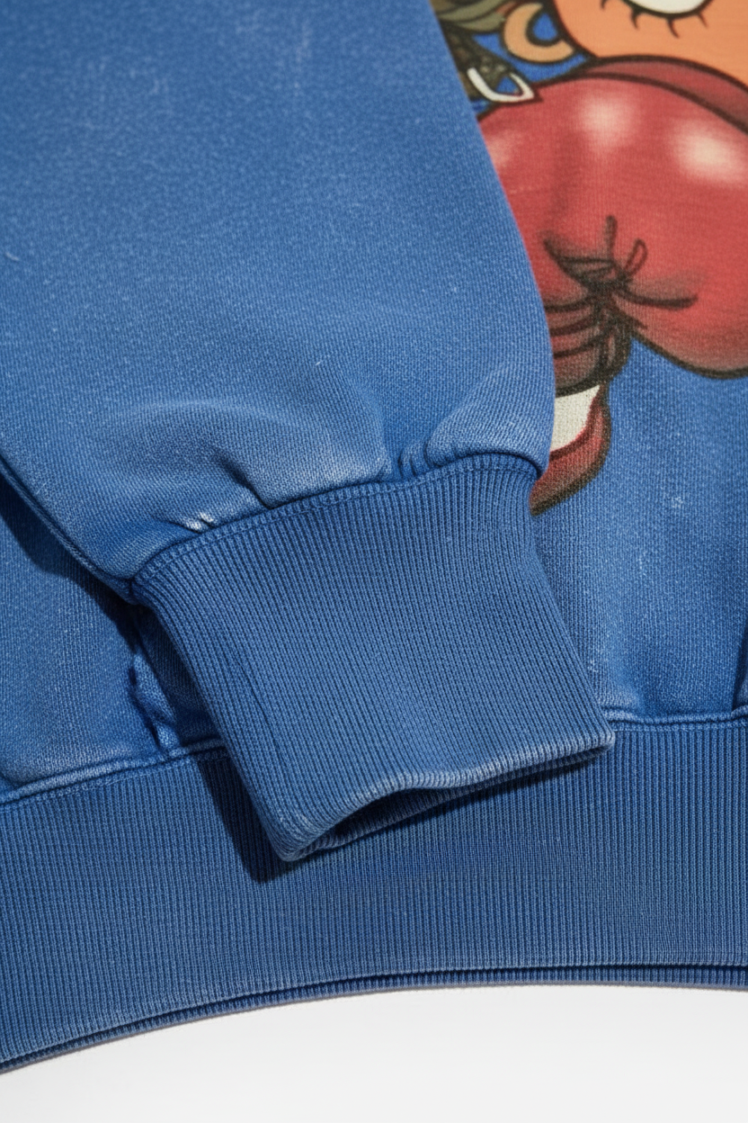 Detail showing the texture of 425g heavy cotton fabric with acid wash effect