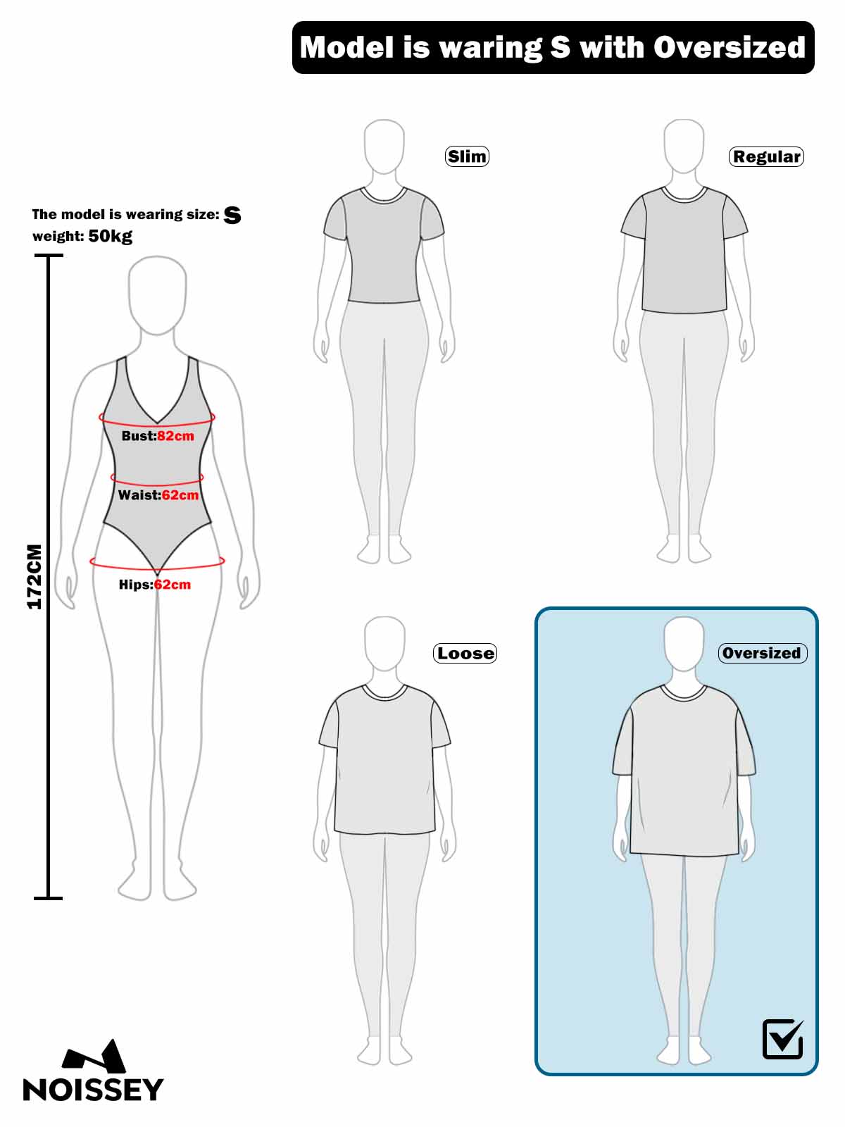 Diagram showing the boxy fit dimensions: shorter length and wider sleeves
