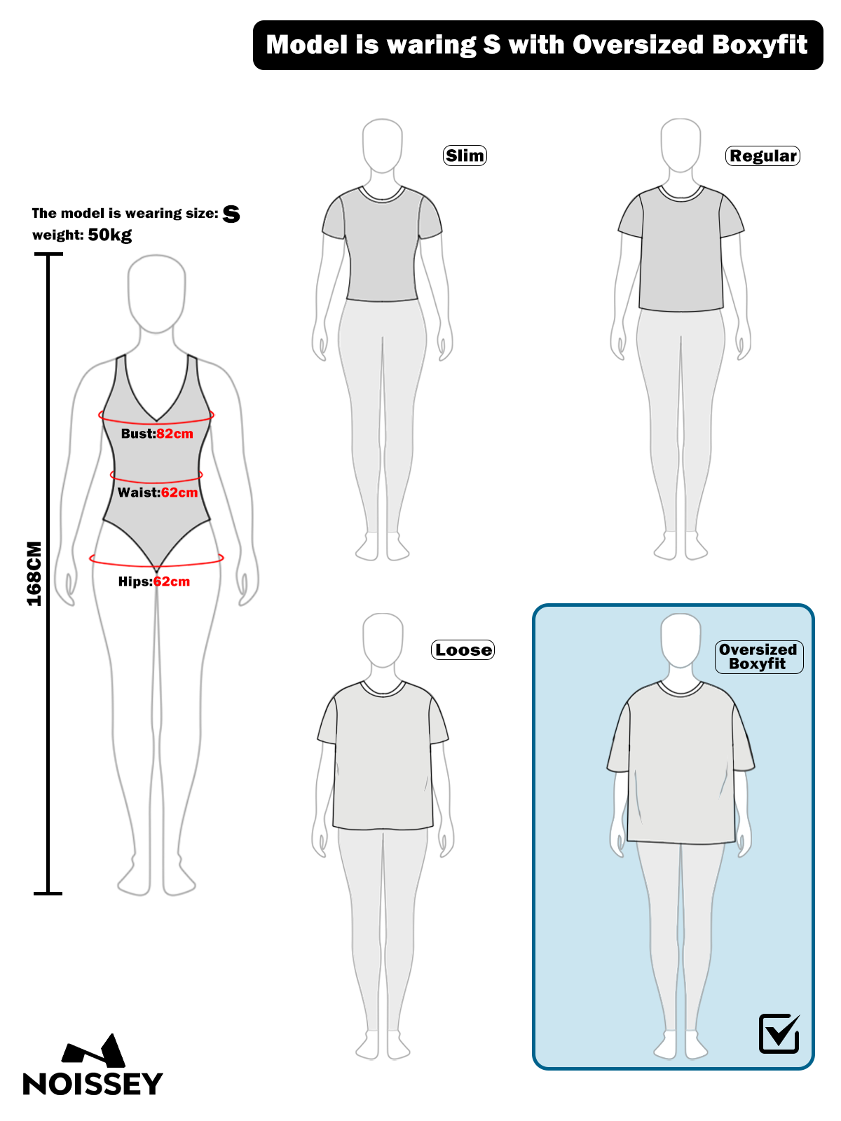 Diagram showing the boxy fit dimensions with shorter length and wider sleeves