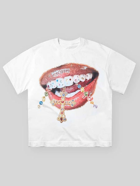 High-Quality Diamond Teeth Cross Print 350g T-Shirt – NOISSEY
