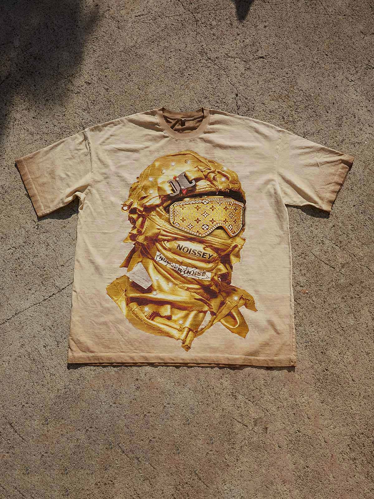 Flat lay of the Golden Balaclava Diamond-Studded T-shirt on a white background, showing the relaxed streetwear fit and crew neck.