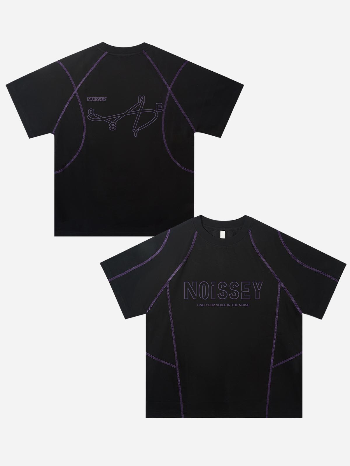 Front and back view of NOISSEY black t-shirt with purple contrast stitching and Dark Noise back graphic.