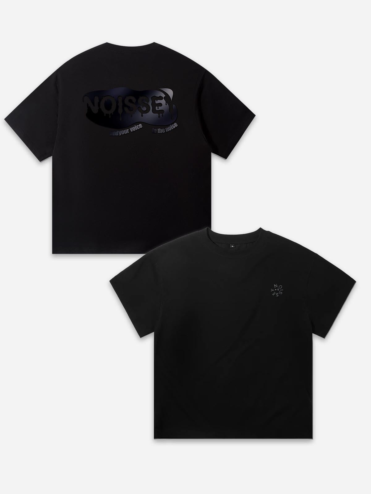 Front and back view of a phantom black heavyweight oversized T-shirt featuring a small circular chest logo and a large liquid chrome "NOISSEY" back graphic.