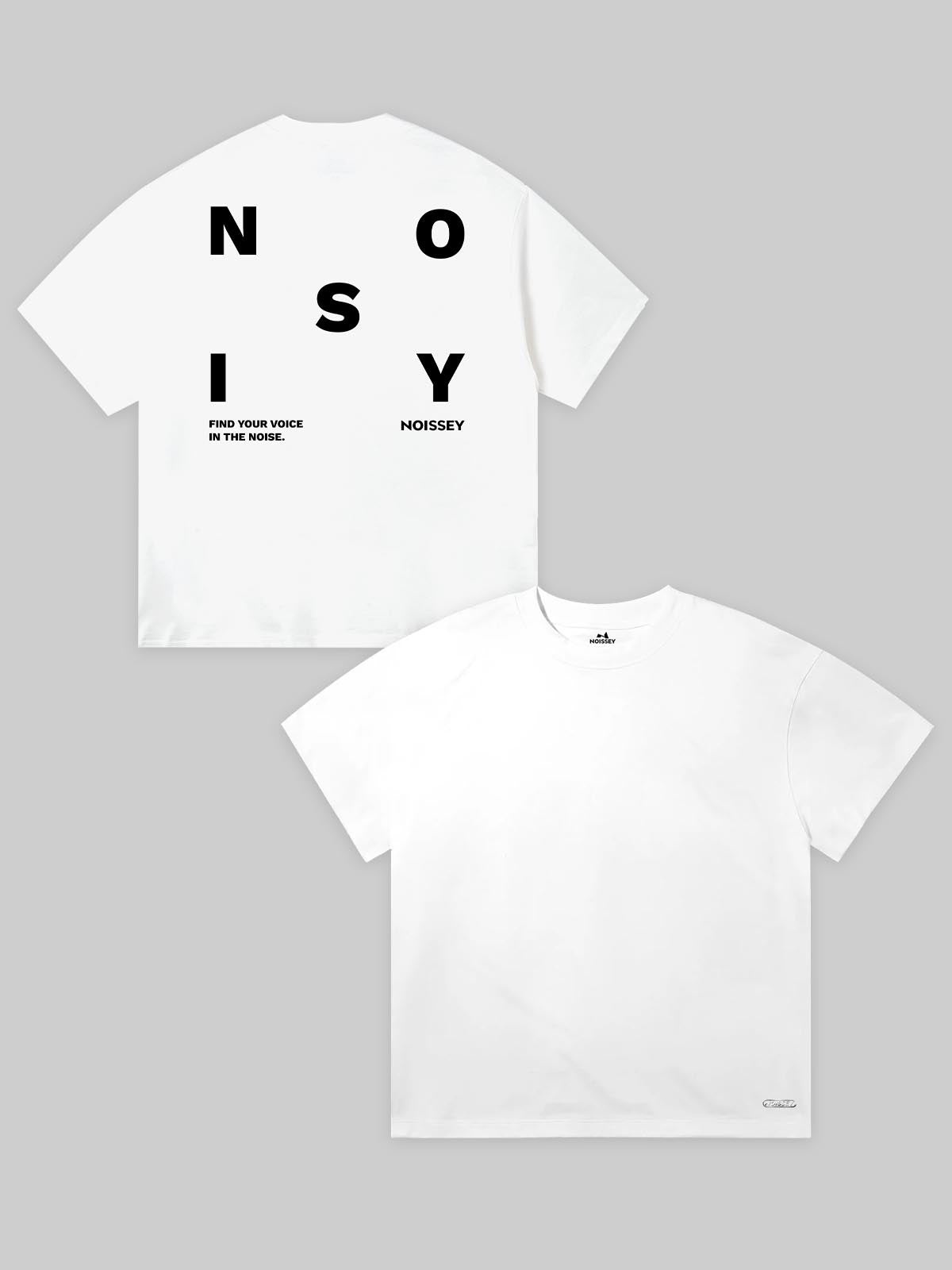 Front and back view of the Noissey white tech t-shirt featuring 'Find Your Voice In The Noise' back graphic.