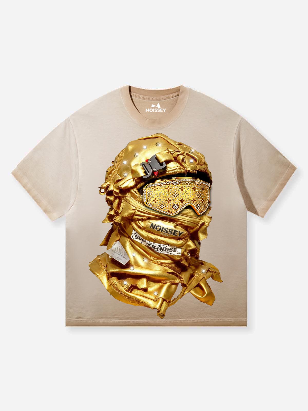 Front view of NOISSEY tan T-shirt featuring a 3D metallic gold balaclava graphic with crystal studs and monogrammed gold goggles.