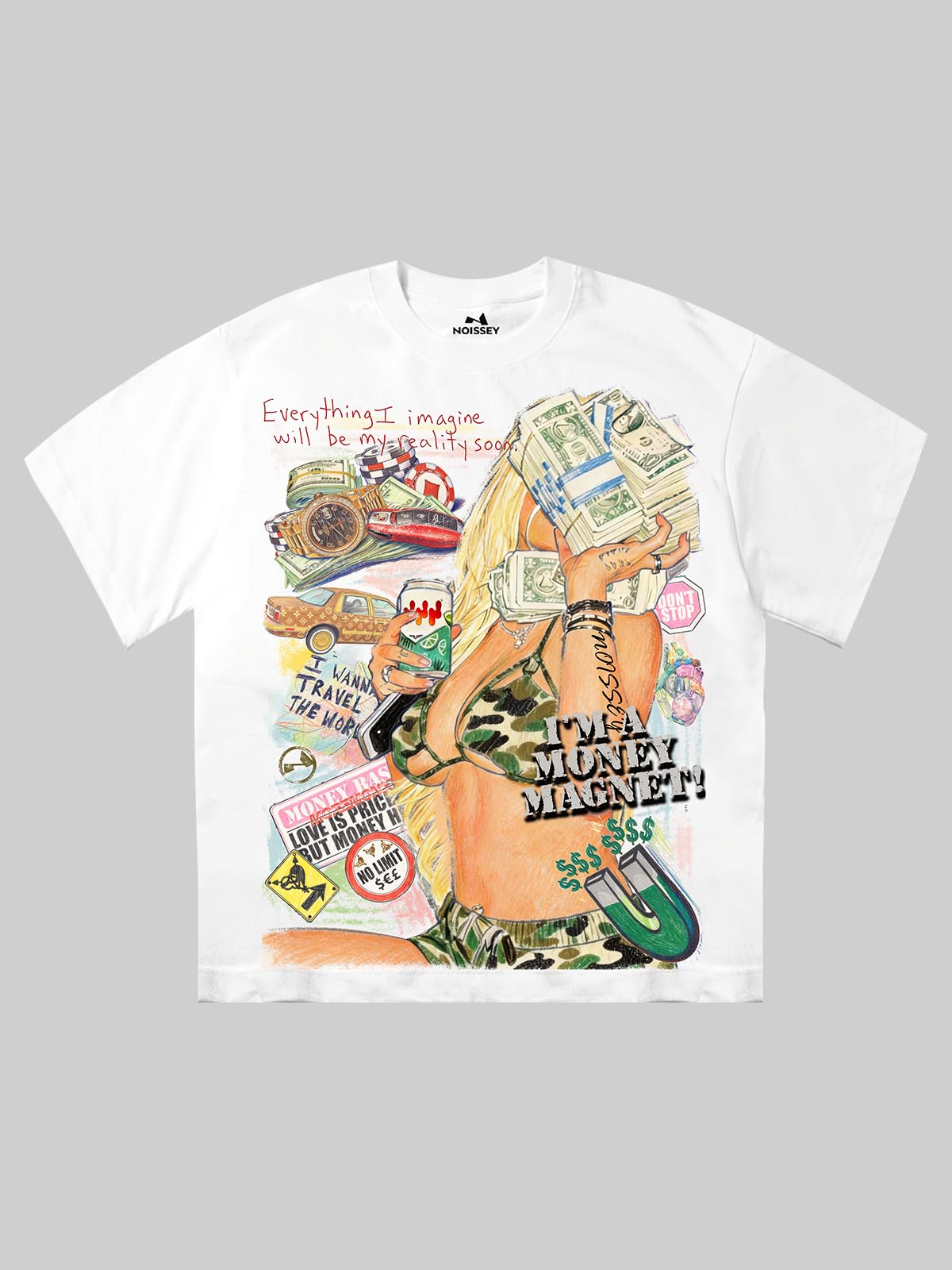 Front view of Noissey white graphic t-shirt featuring a "Money Magnet" Y2K graffiti illustration with stacks of cash and luxury items.