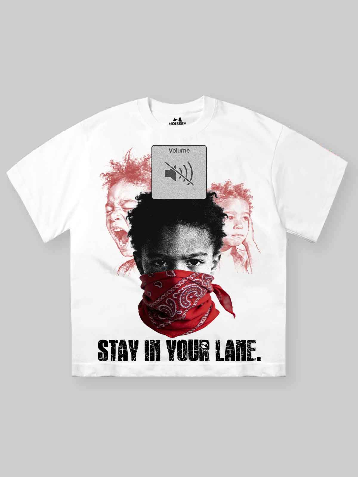 Front view of 'Stay In Your Lane' white t-shirt featuring a child graphic with a red bandana and a mute volume icon.