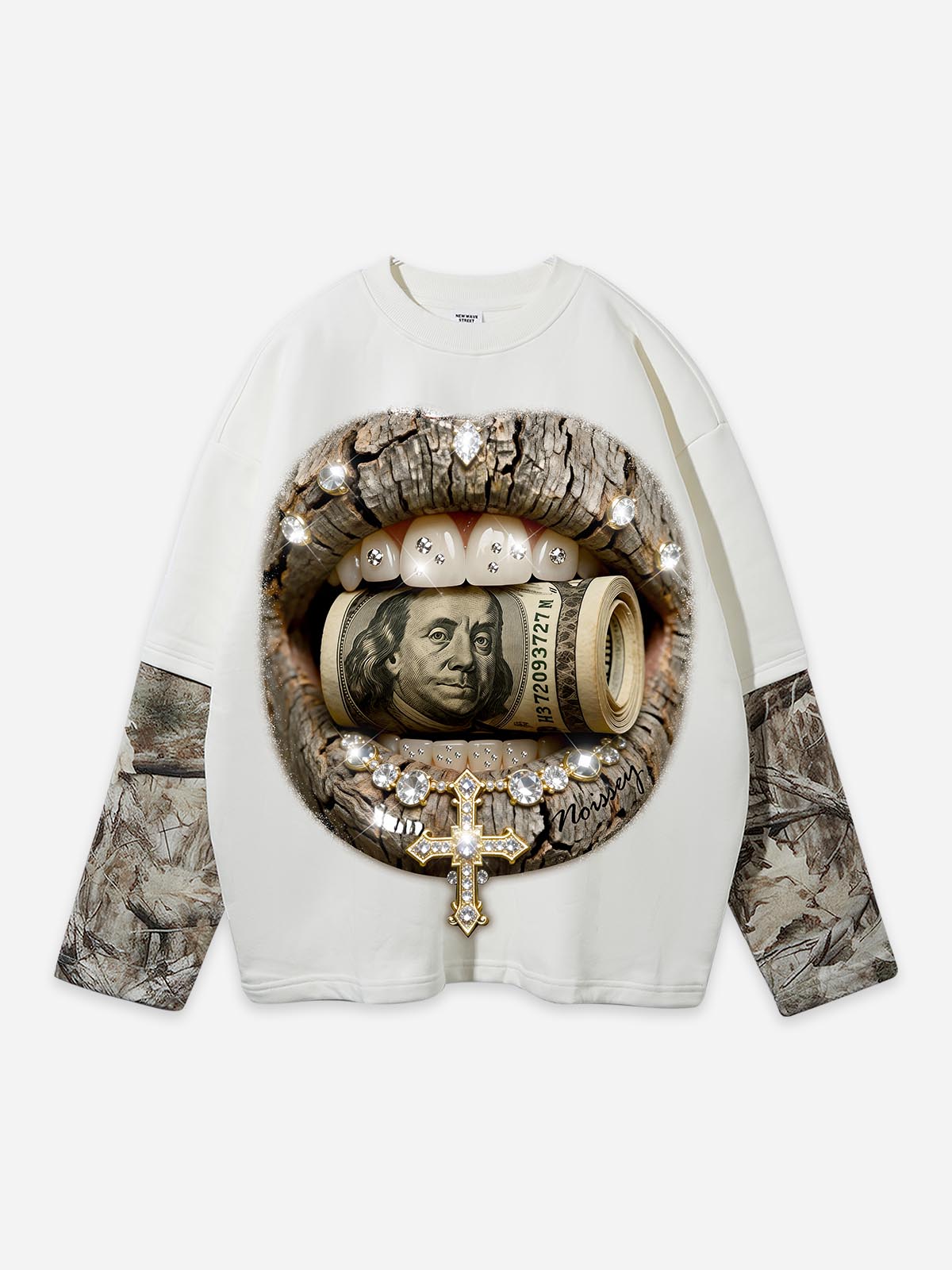 Front view of a bone-white oversized long sleeve shirt featuring a central graphic of tree-patterned lips biting a roll of hundred-dollar bills with a shimmering diamond cross.