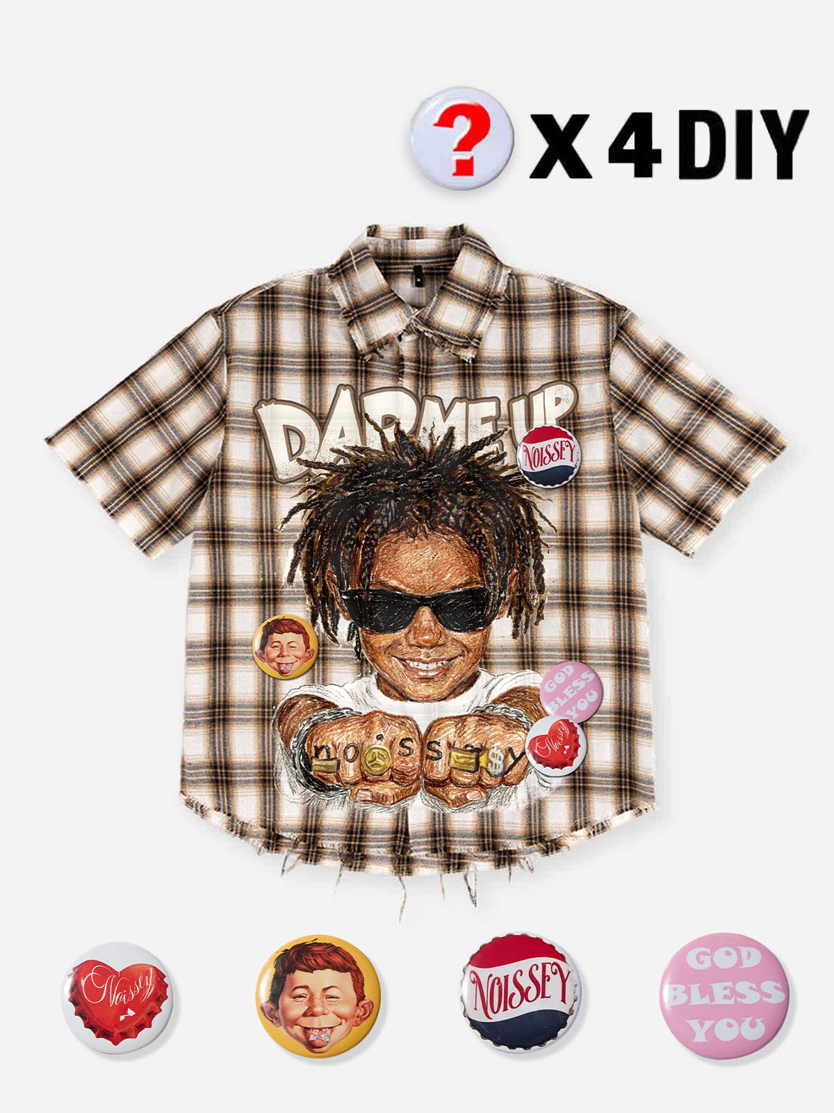 Front view of a brown and cream plaid short-sleeve button-up shirt featuring a large graphic of a smiling man in sunglasses with "Dap Me Up" text and printed badges.