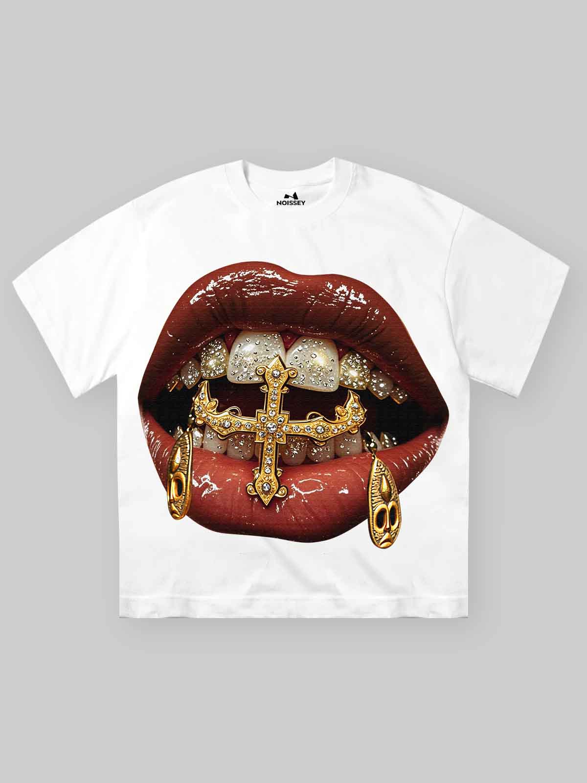 Front view of a heavyweight white T-shirt featuring a high-gloss lip print with a gold diamond cross and mask ornaments.