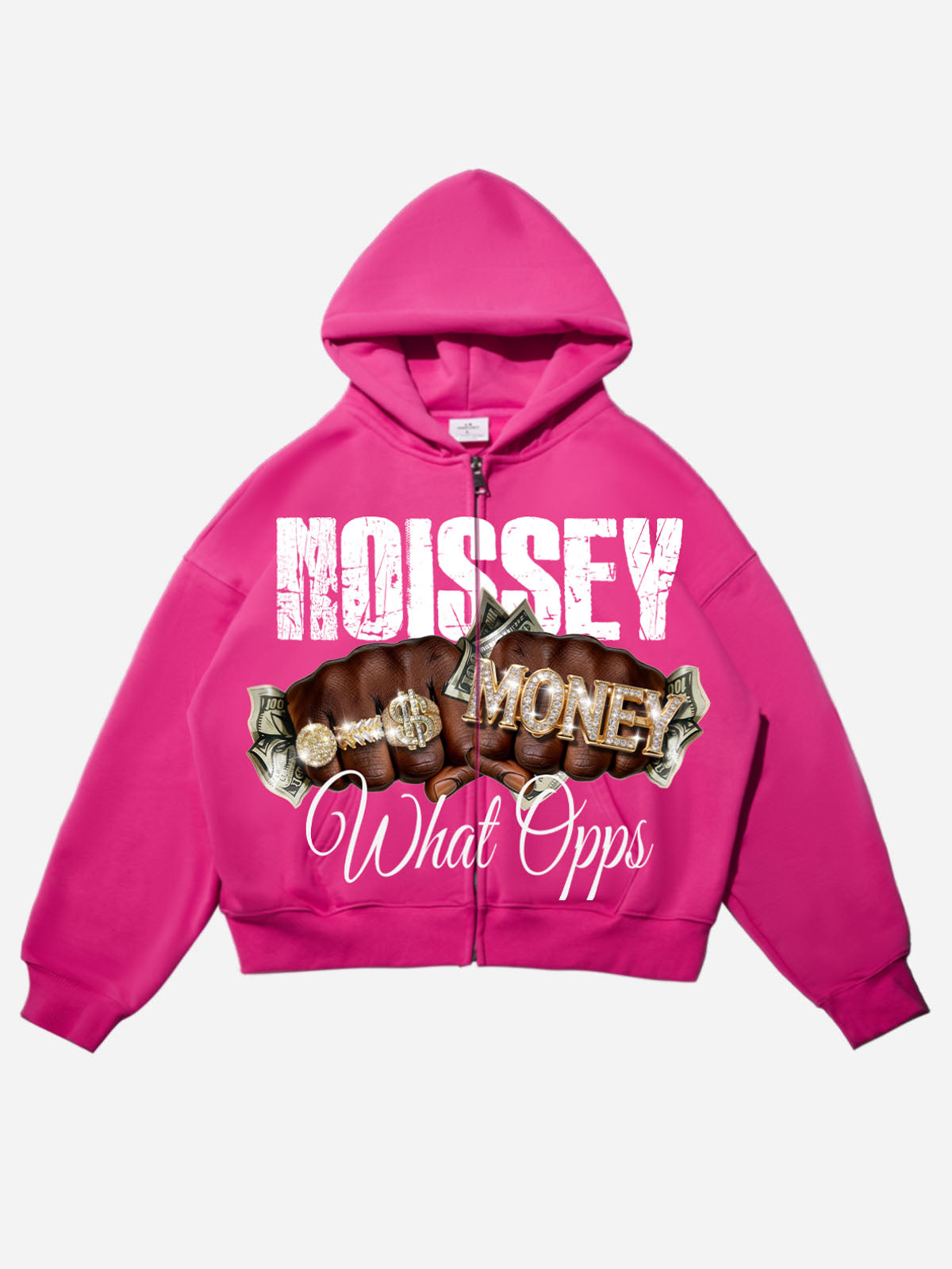 Front view of a hot pink NOISSEY zip-up hoodie featuring a luxury "What Opps" graphic with iced-out fists and money.
