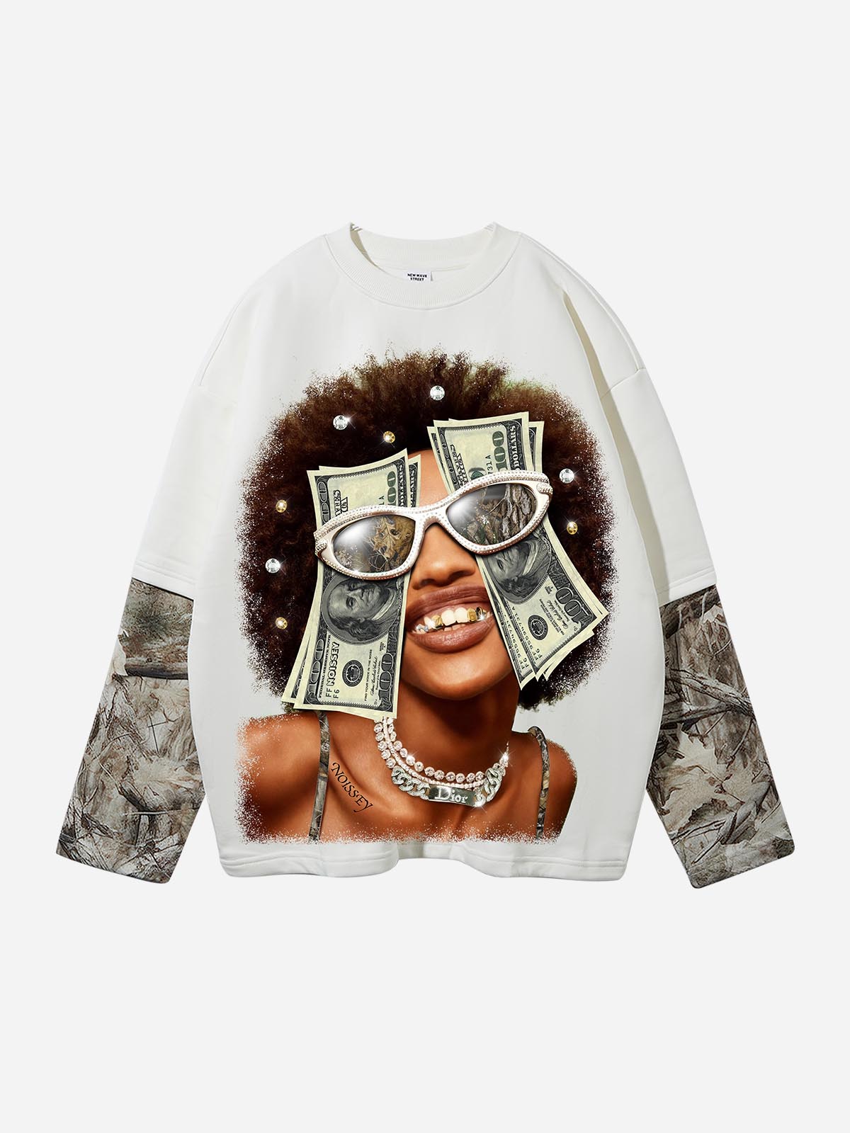 Front view of a model wearing a Realtree camouflage long-sleeve shirt with "All We Need Is Money" text print.