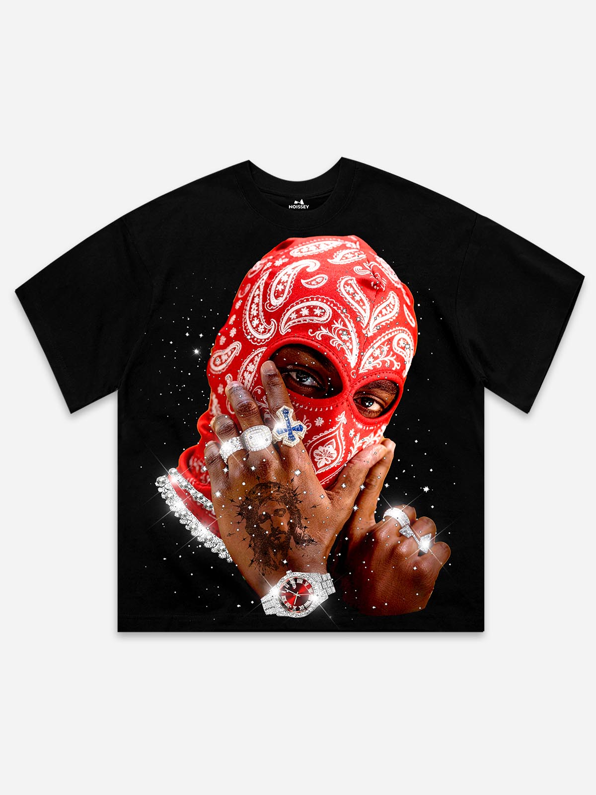 Front view of a phantom black heavyweight oversized T-shirt featuring a large graphic of a person wearing a red paisley mask and shimmering diamond jewelry.