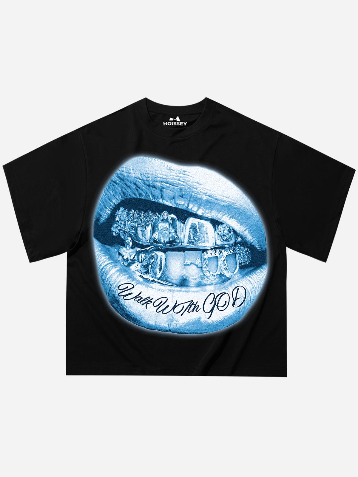 Front view of a phantom black heavyweight oversized T-shirt featuring a large graphic of glowing light-blue lips, iced-out grills with religious figures, and "Walk With God" in elegant script.