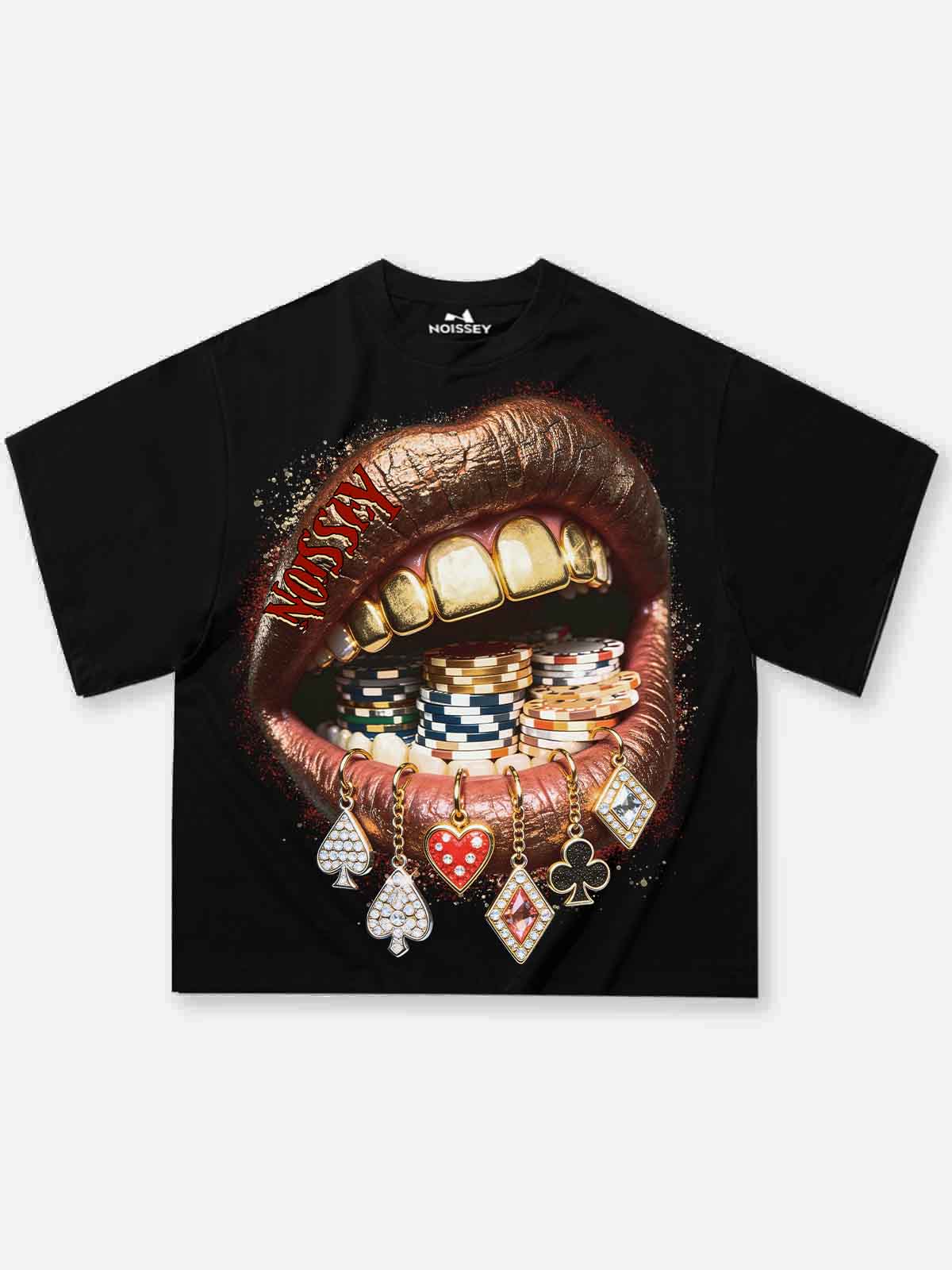 Front view of a phantom black heavyweight oversized T-shirt featuring a large graphic of gold-metallic lips biting a stack of poker chips with hanging casino-themed jewelry.