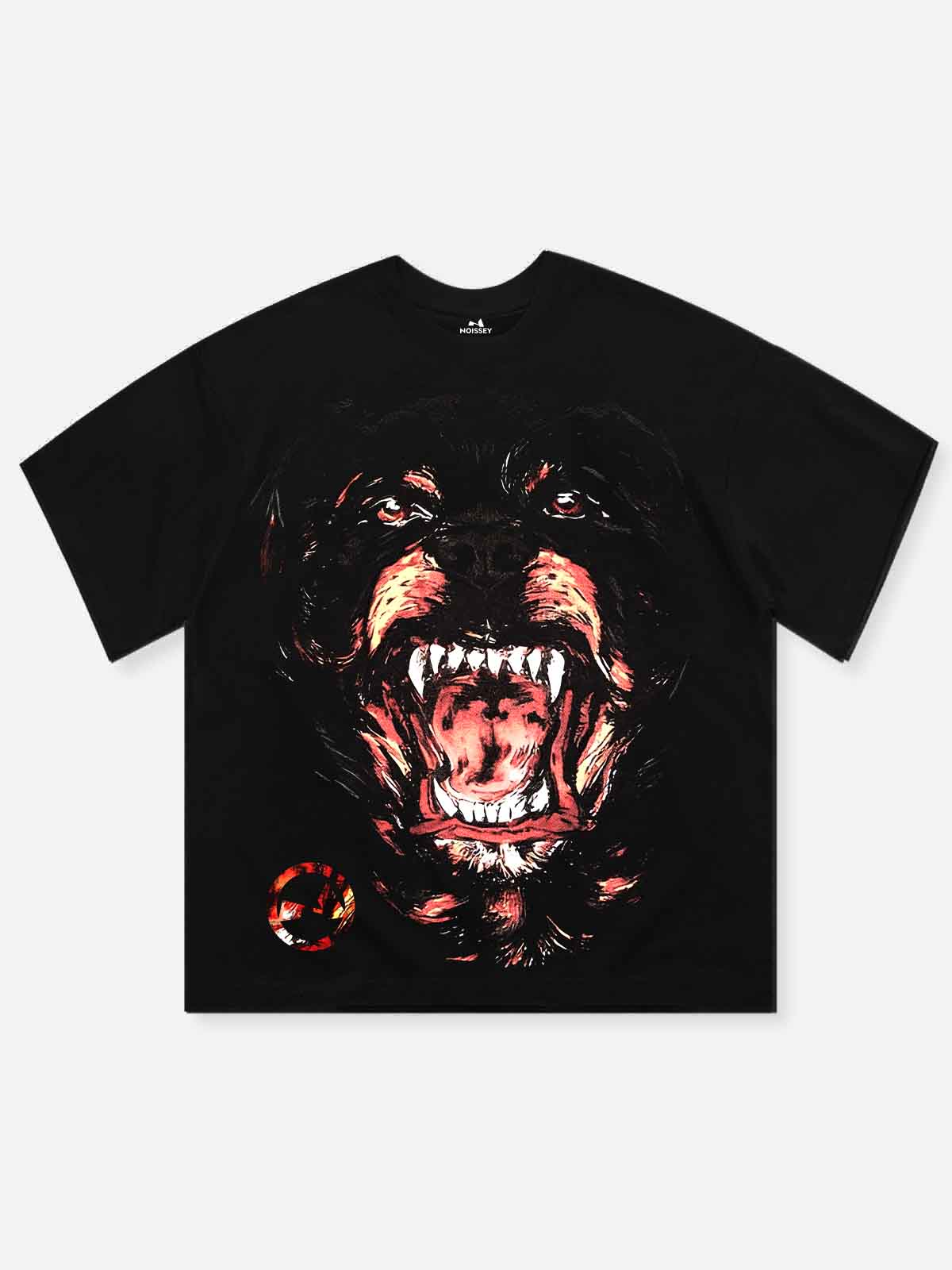 Front view of a phantom black heavyweight oversized T-shirt featuring a large, snarling Rottweiler with glowing red eyes and "Get out my crib!" written across the mouth in red gothic text.