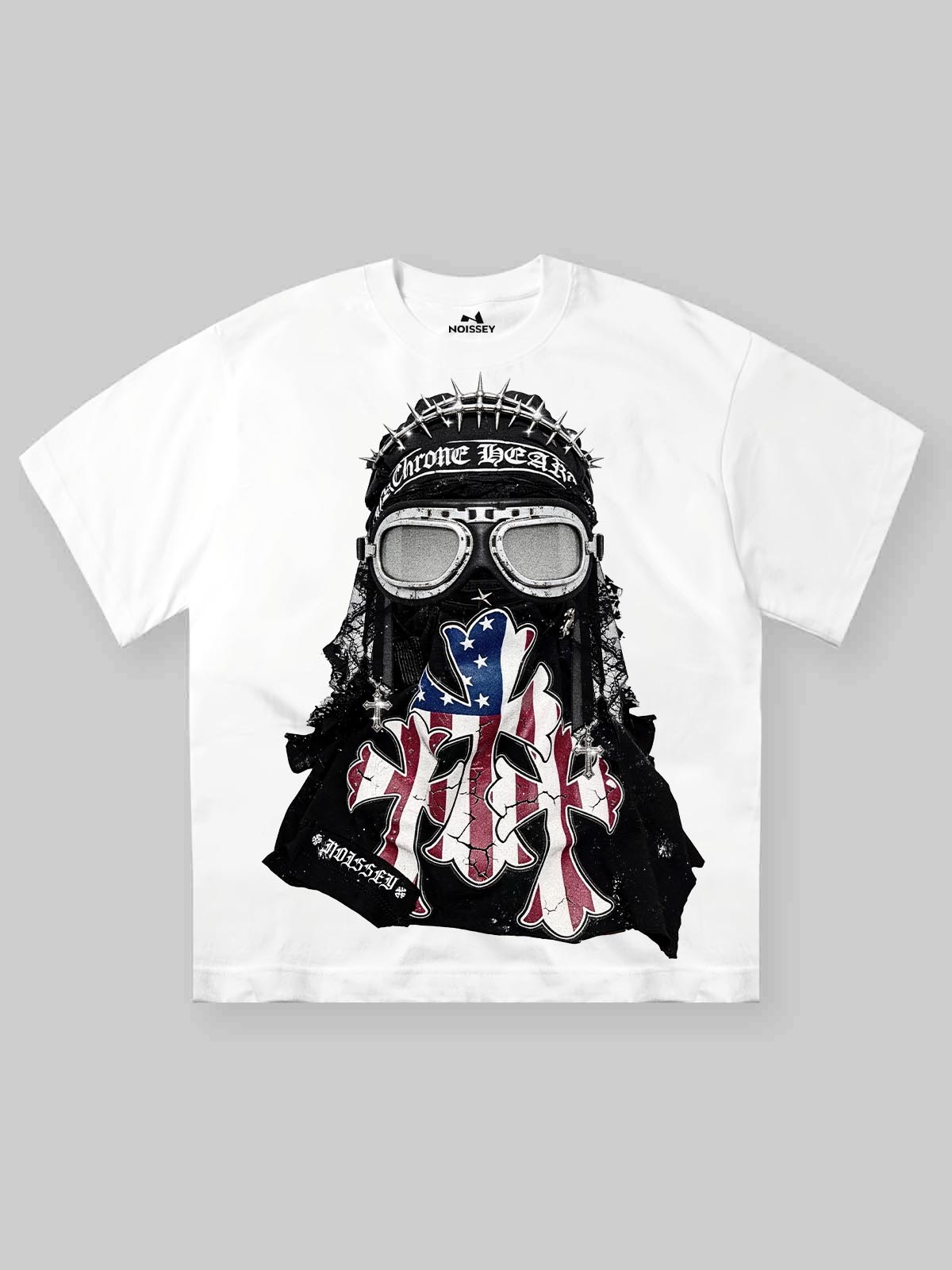 Front view of a phantom black heavyweight oversized T-shirt featuring a masked figure with chrome goggles reflecting the American flag and wearing colorful cross jewelry.