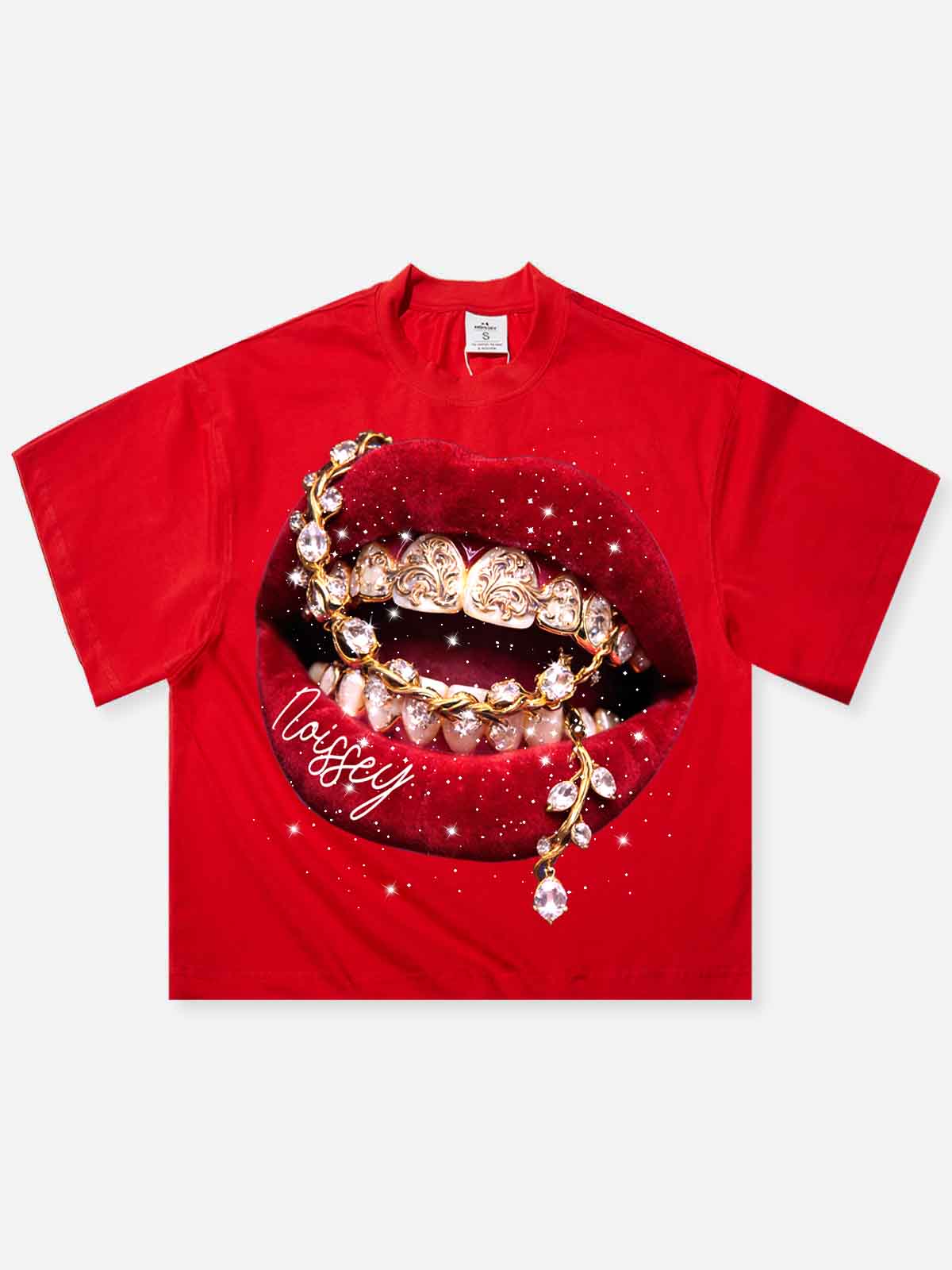 Front view of a red boxy oversized t-shirt featuring a large graphic of red lips with gold chains and sparkling rhinestones.