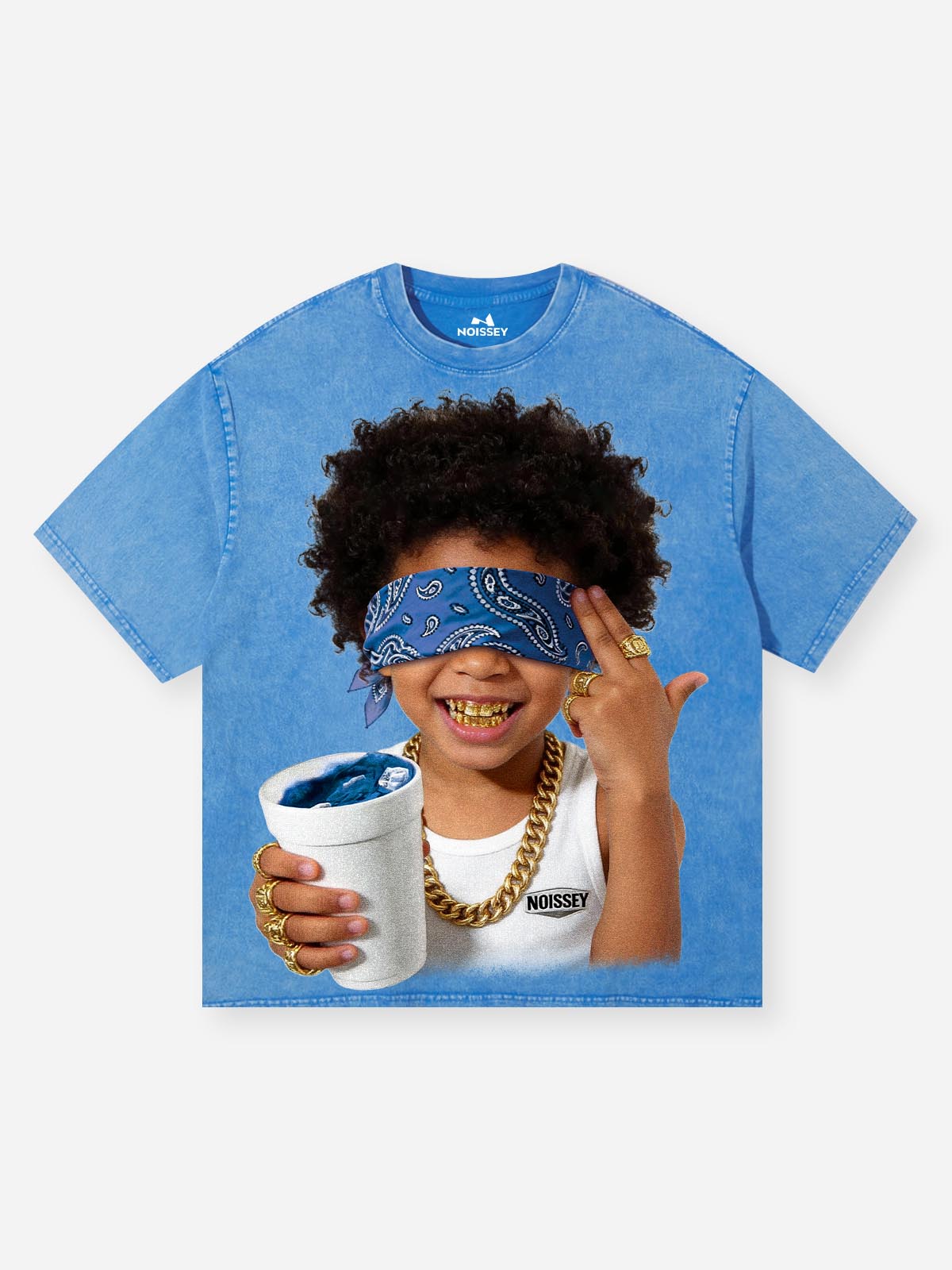Front view of a vintage washed t-shirt featuring a graphic print of a child blindfolded with a blue paisley headscarf.