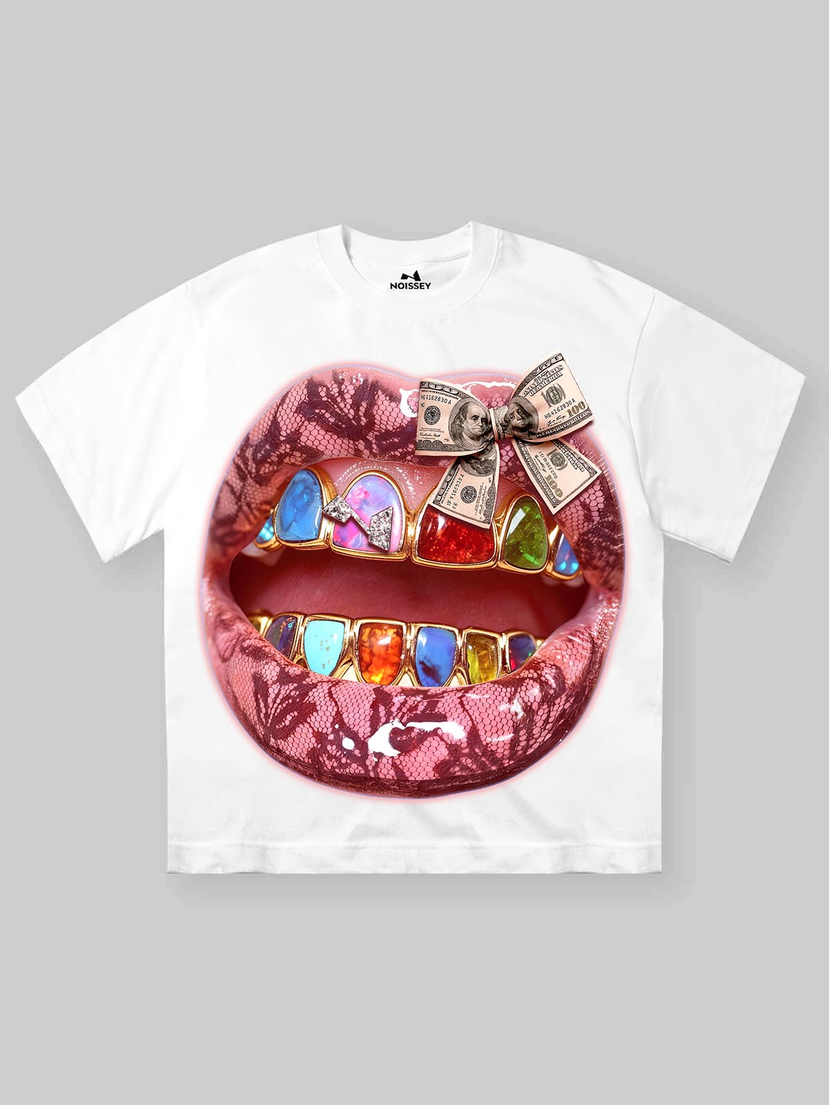 Front view of a white T-shirt featuring a large lace-textured lip print with colorful diamonds and a money-bow accent.
