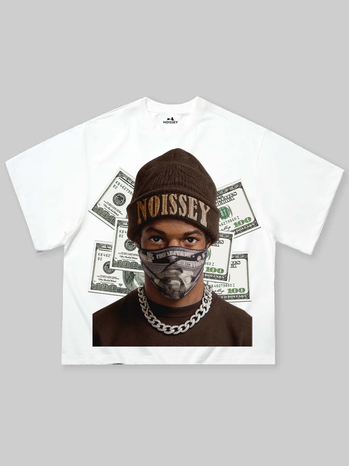 Front view of a white boxy oversized T-shirt featuring a high-definition urban graphic of a man in a "Noissey" beanie and silver chain.