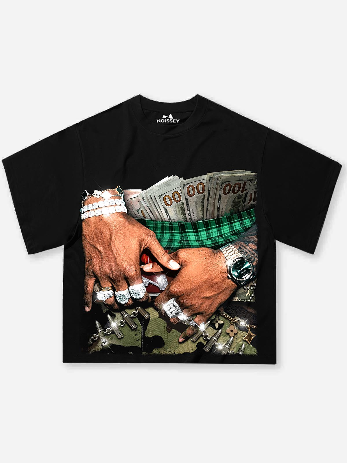 Front view of a white boxy oversized t-shirt featuring a "money-filled saggy camo pants" graphic print.