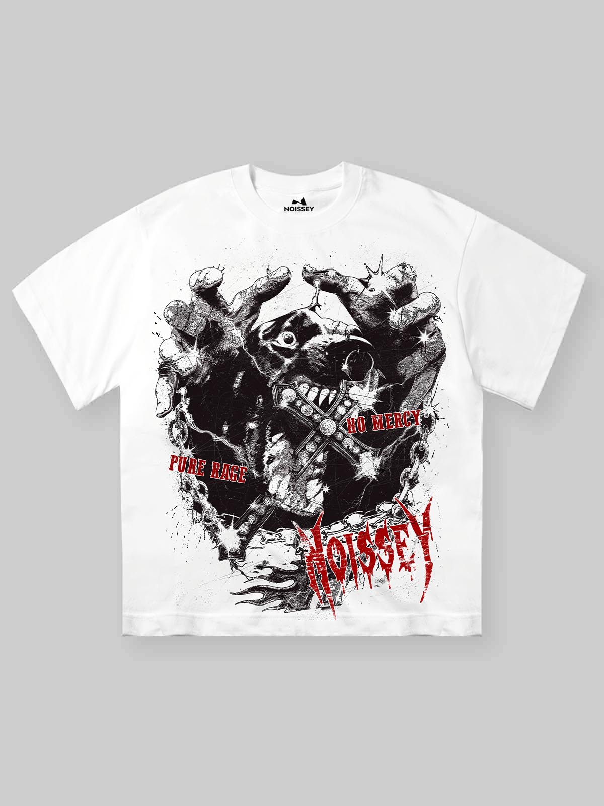 Front view of a white heavyweight oversized T-shirt featuring a large black-and-white stipple graphic of a snarling Rottweiler, iced-out jewelry, and "PURE RAGE" in red text.