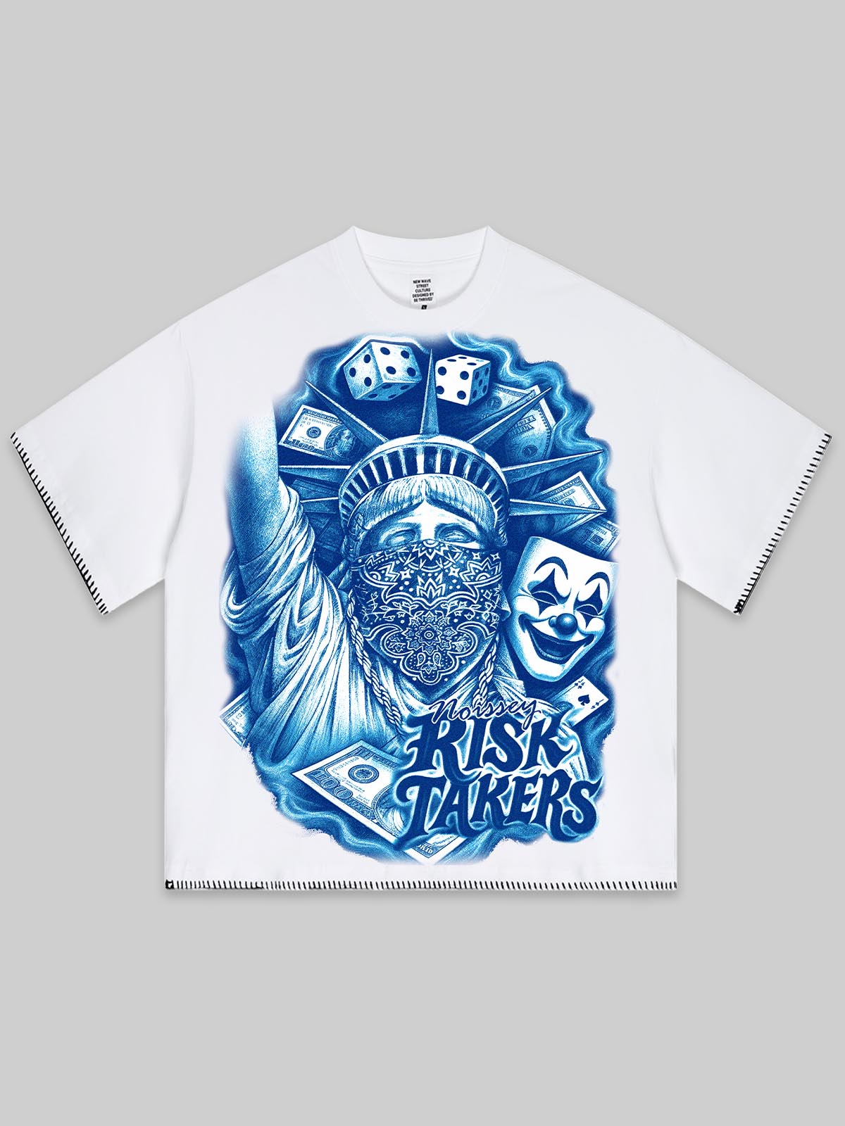 Front view of a white heavyweight oversized T-shirt featuring a large blue-ink graphic of the Statue of Liberty wearing a bandana and the text "Noissey RISK TAKERS".