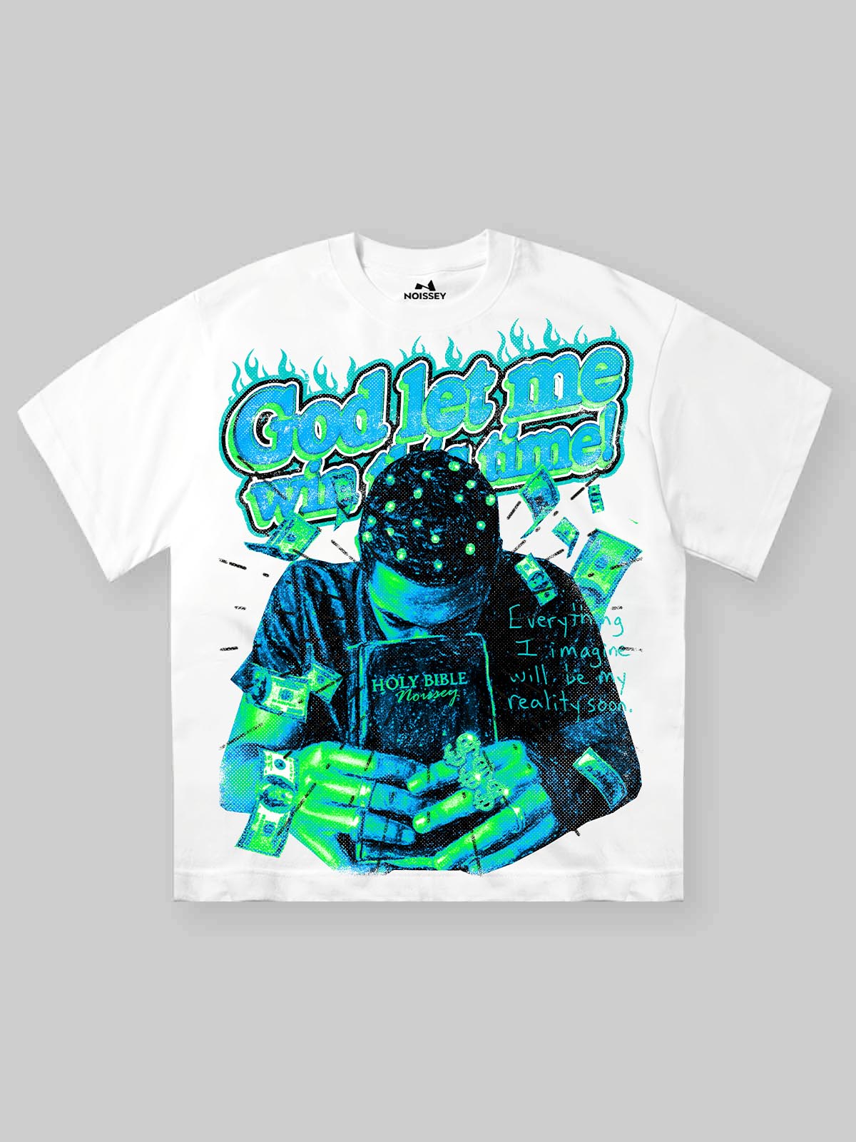 Front view of a white heavyweight oversized T-shirt featuring a large, vibrant cyan and green graphic of a person praying over a Holy Bible with money flying around them.
