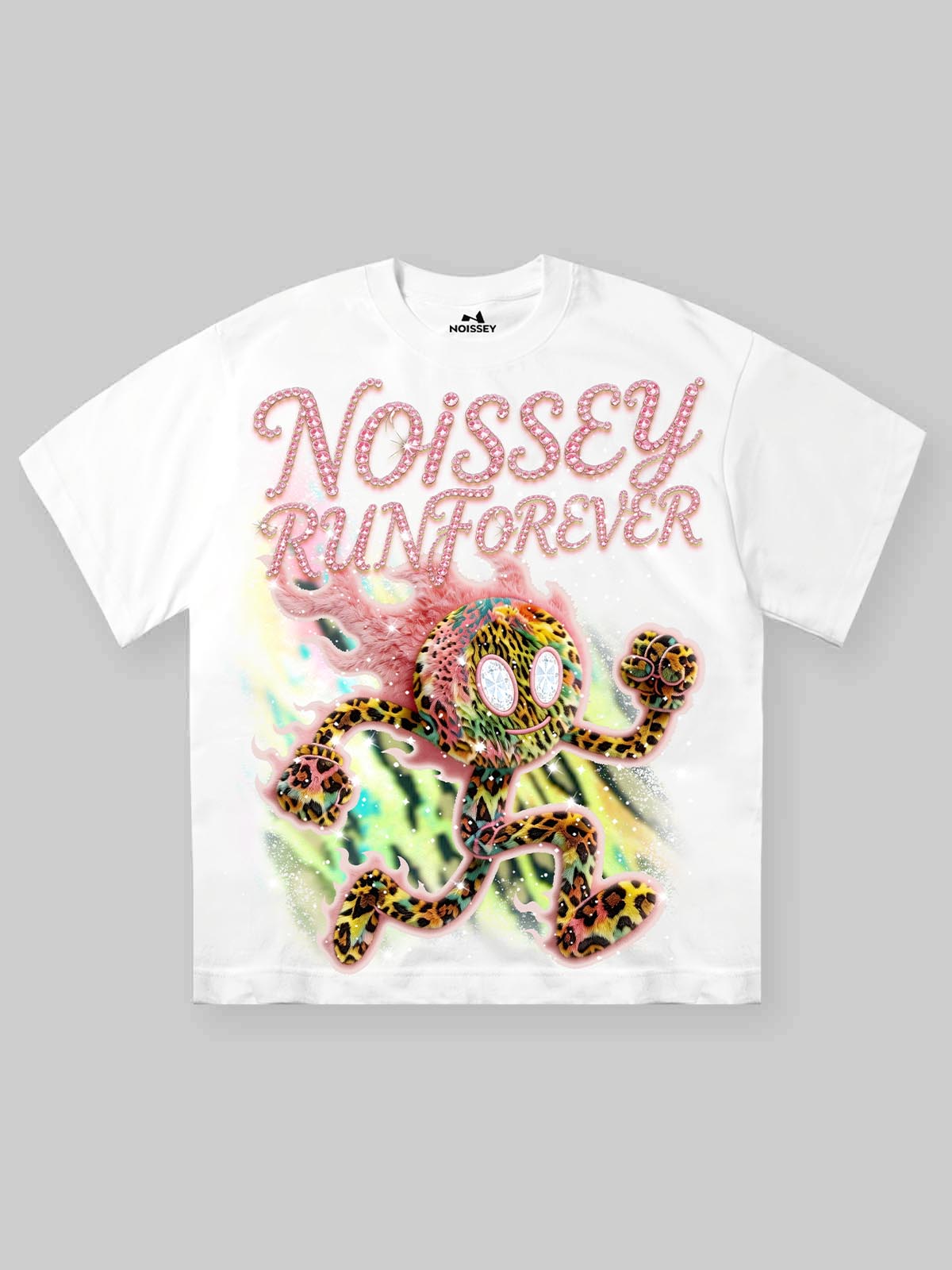 Front view of a white heavyweight oversized T-shirt featuring a shimmering leopard-print running character and "Noissey RUN FOREVER" in pink rhinestone-style lettering.