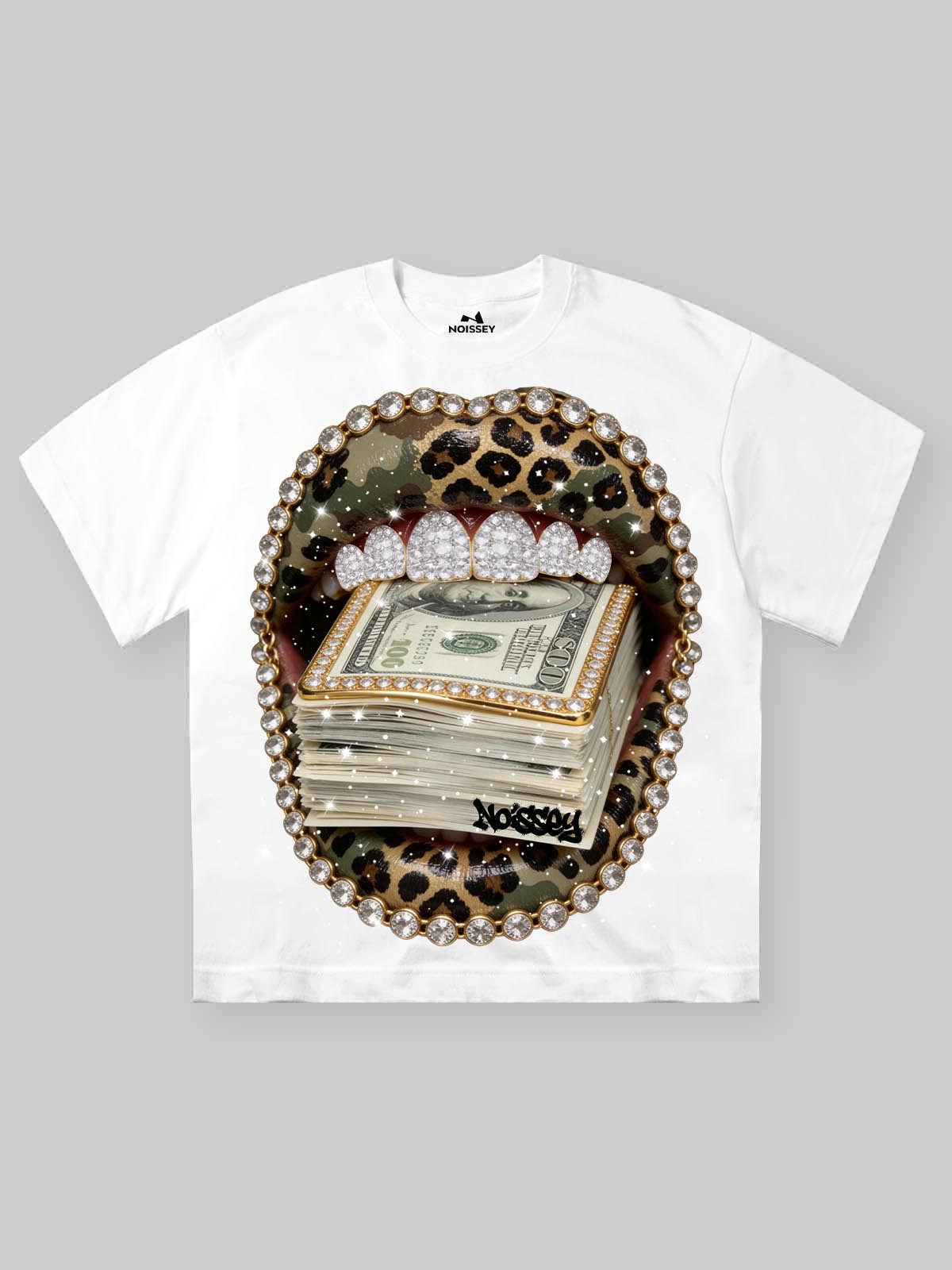 Front view of a white heavyweight t-shirt featuring a large, shimmering graphic of leopard-print lips with diamond-encrusted grillz biting a stack of $100 bills.