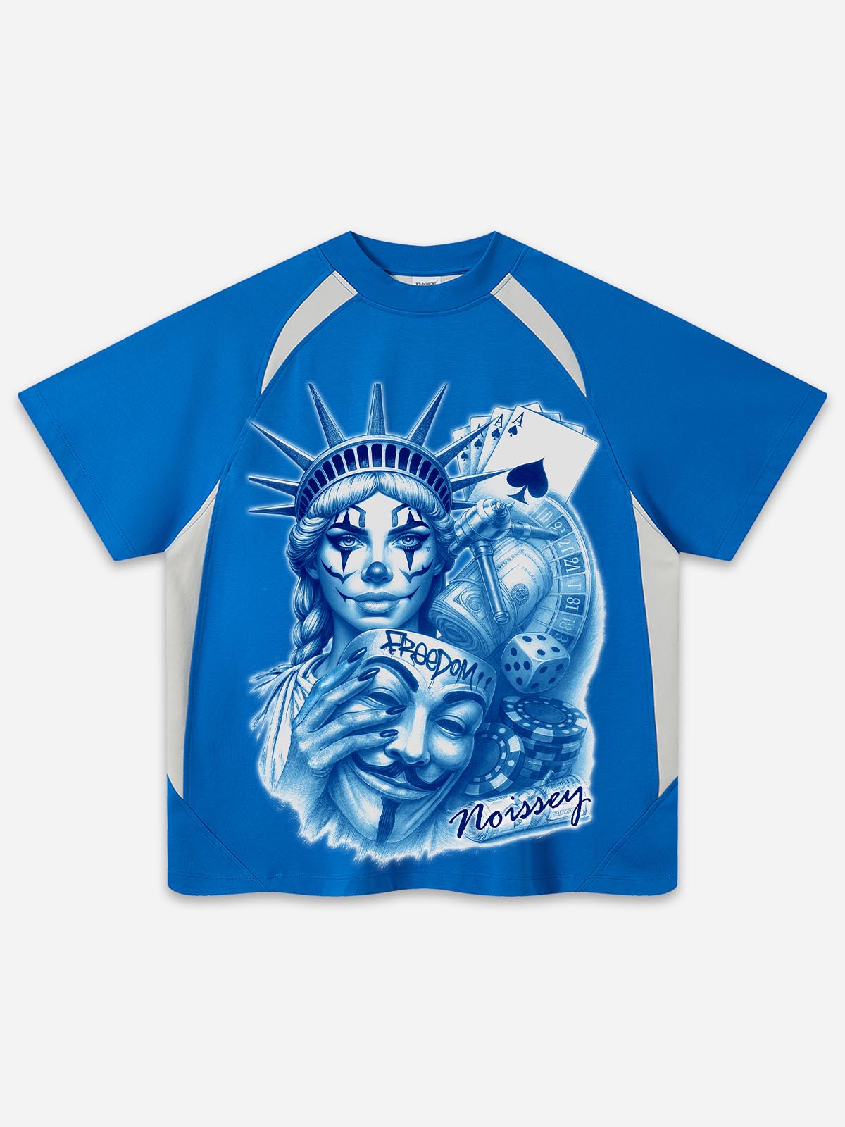 Front view of an electric blue raglan T-shirt featuring a detailed blue-monochrome graphic of a clown-faced Liberty holding a Guy Fawkes mask, surrounded by poker chips and cash.