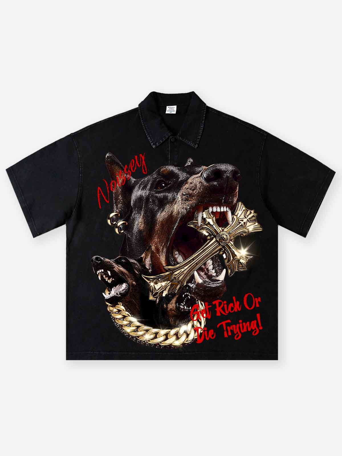 Front view of an onyx black short-sleeve button-up shirt featuring a large graphic of a Doberman biting a gold cross, a gold cuban link chain, and "Get Rich Or Die Trying!" in red script.