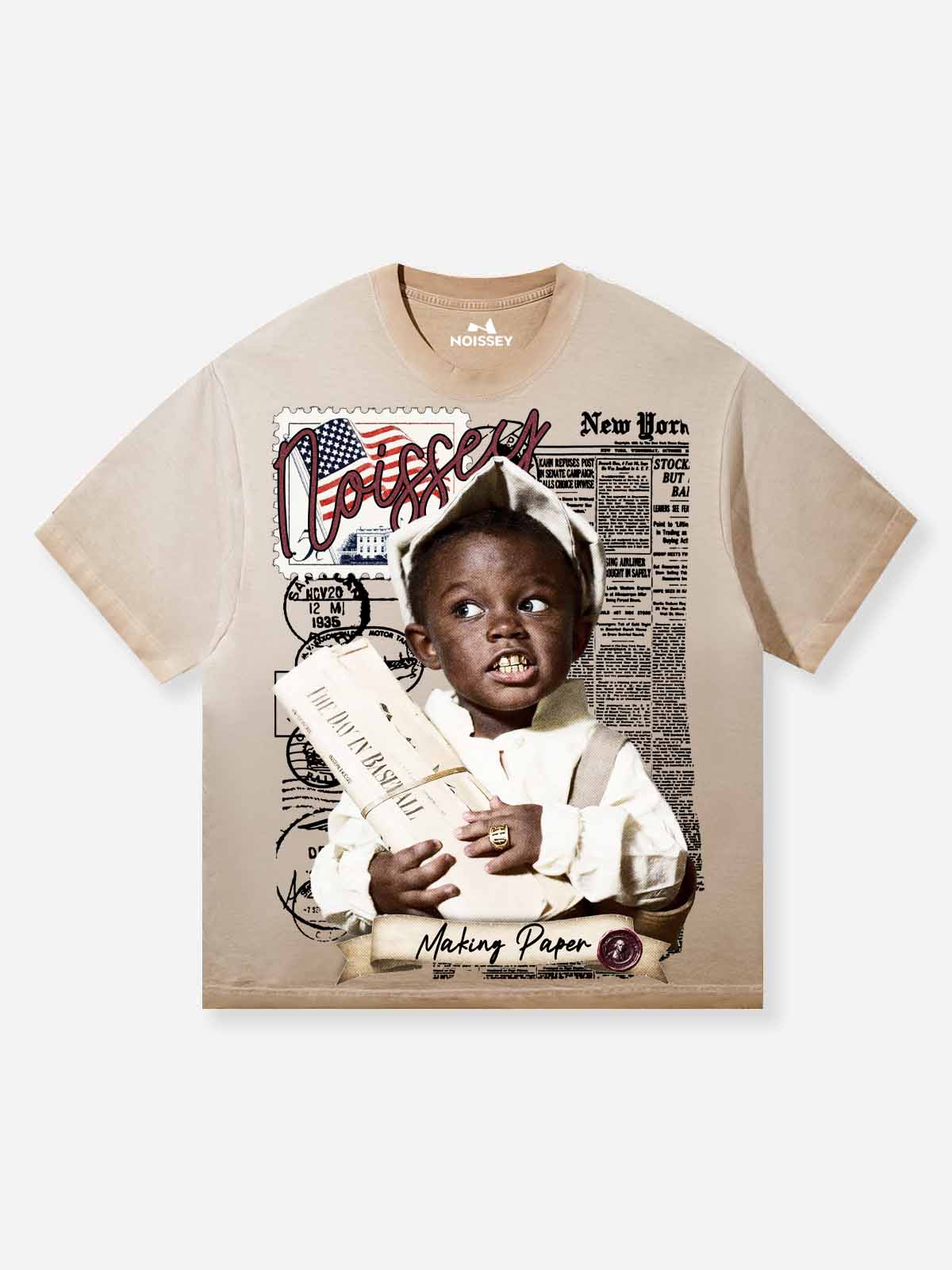 Front view of khaki T-shirt featuring a retro newsboy kid holding a newspaper with "Making Paper" text and vintage stamp background.