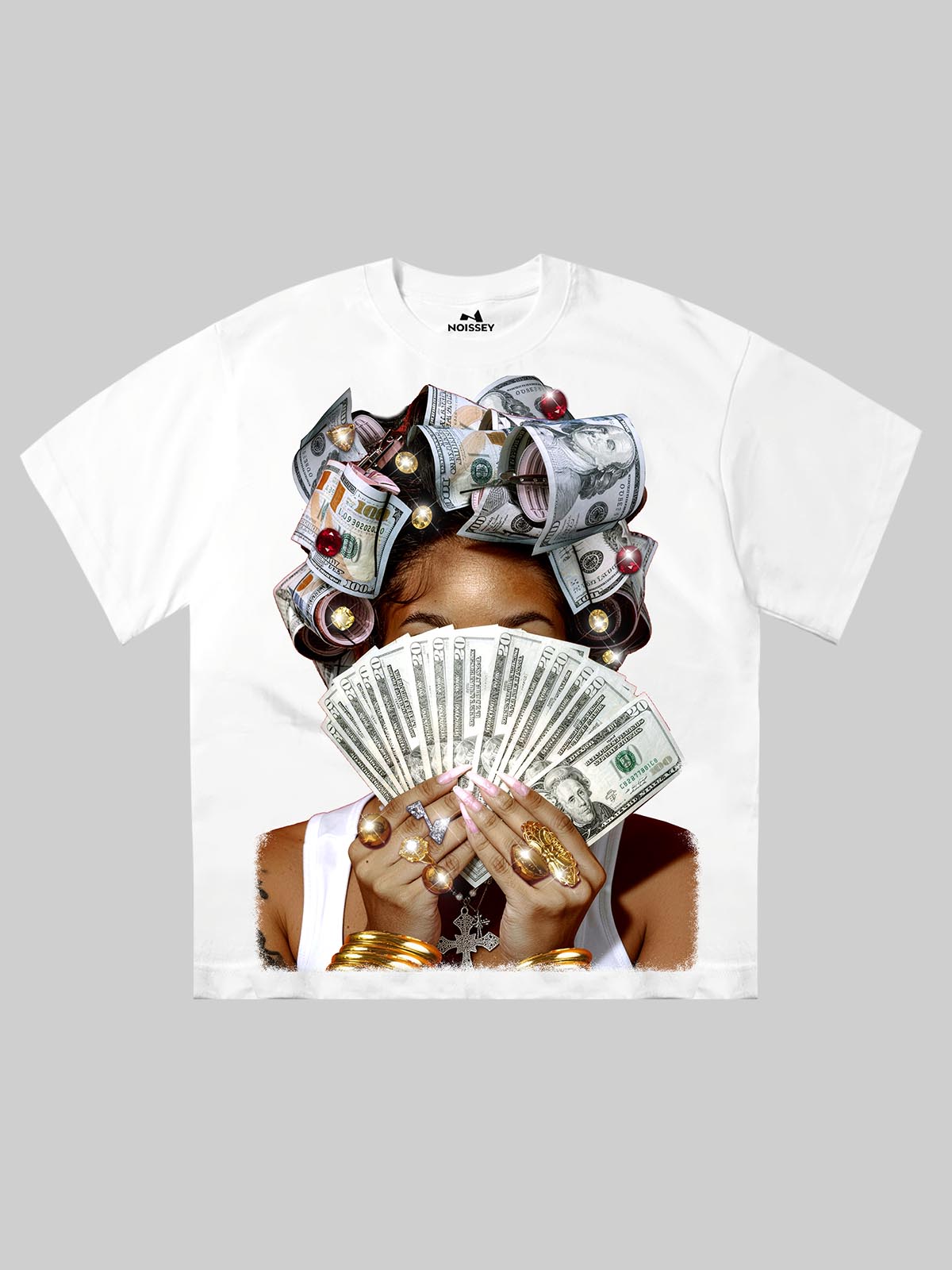 Front view of white NOISSEY T-shirt featuring a woman with money-roll hair and a fan of cash over her face.