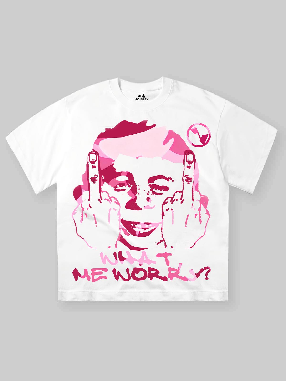 Front view of white NOISSEY streetwear T-shirt with pink camouflage pop art "What Me Worry?" graphic.