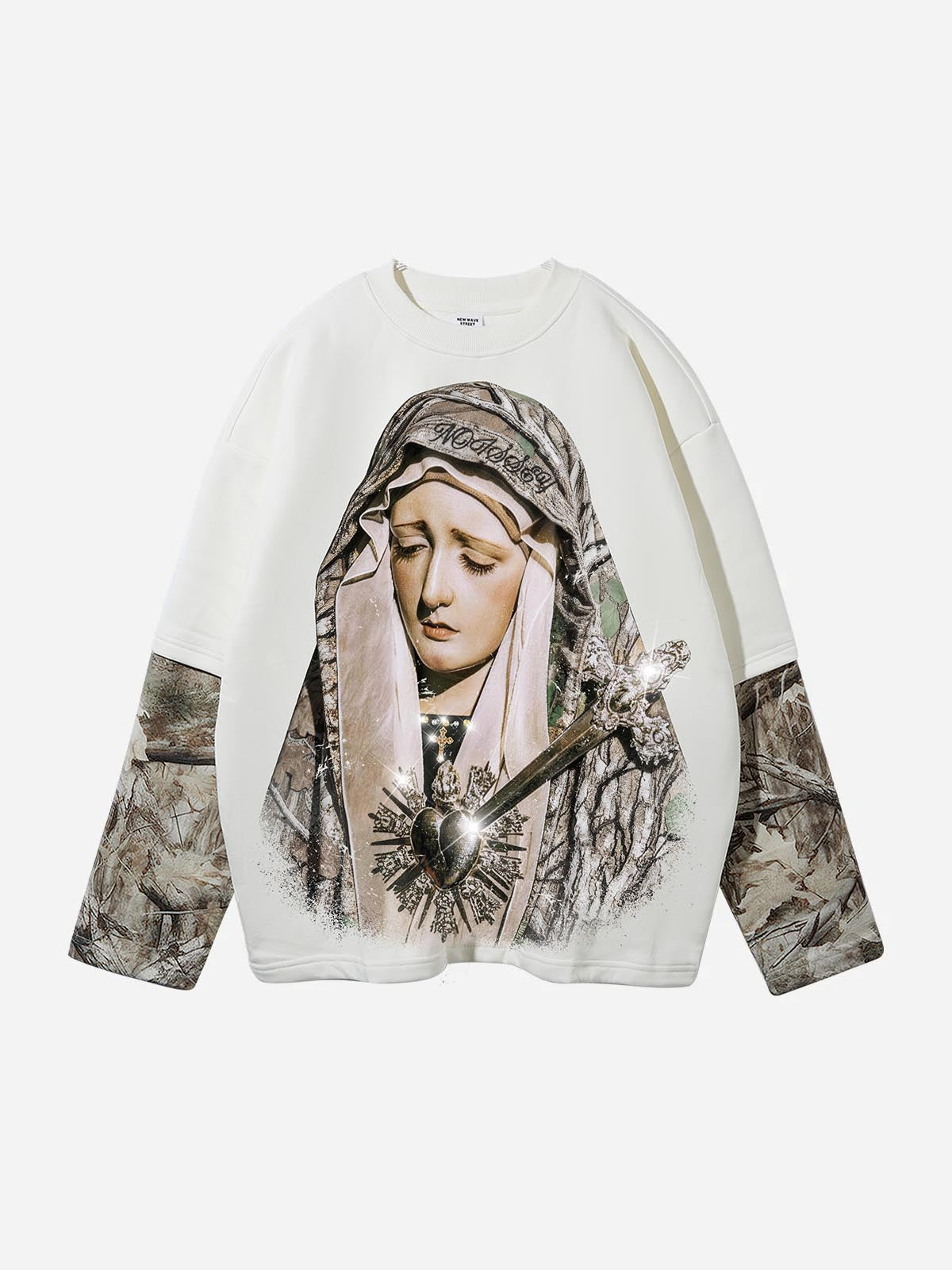 Front view of white long sleeve shirt featuring Madonna graphic with mossy tree pattern headscarf and layered camo sleeves.