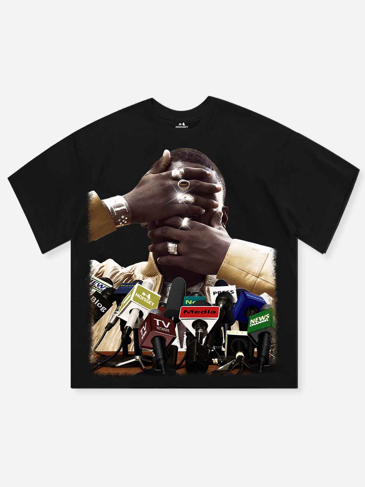 Front view of white oversized t-shirt featuring a detailed "Microphone Forest" art print with a surreal nature and music theme.