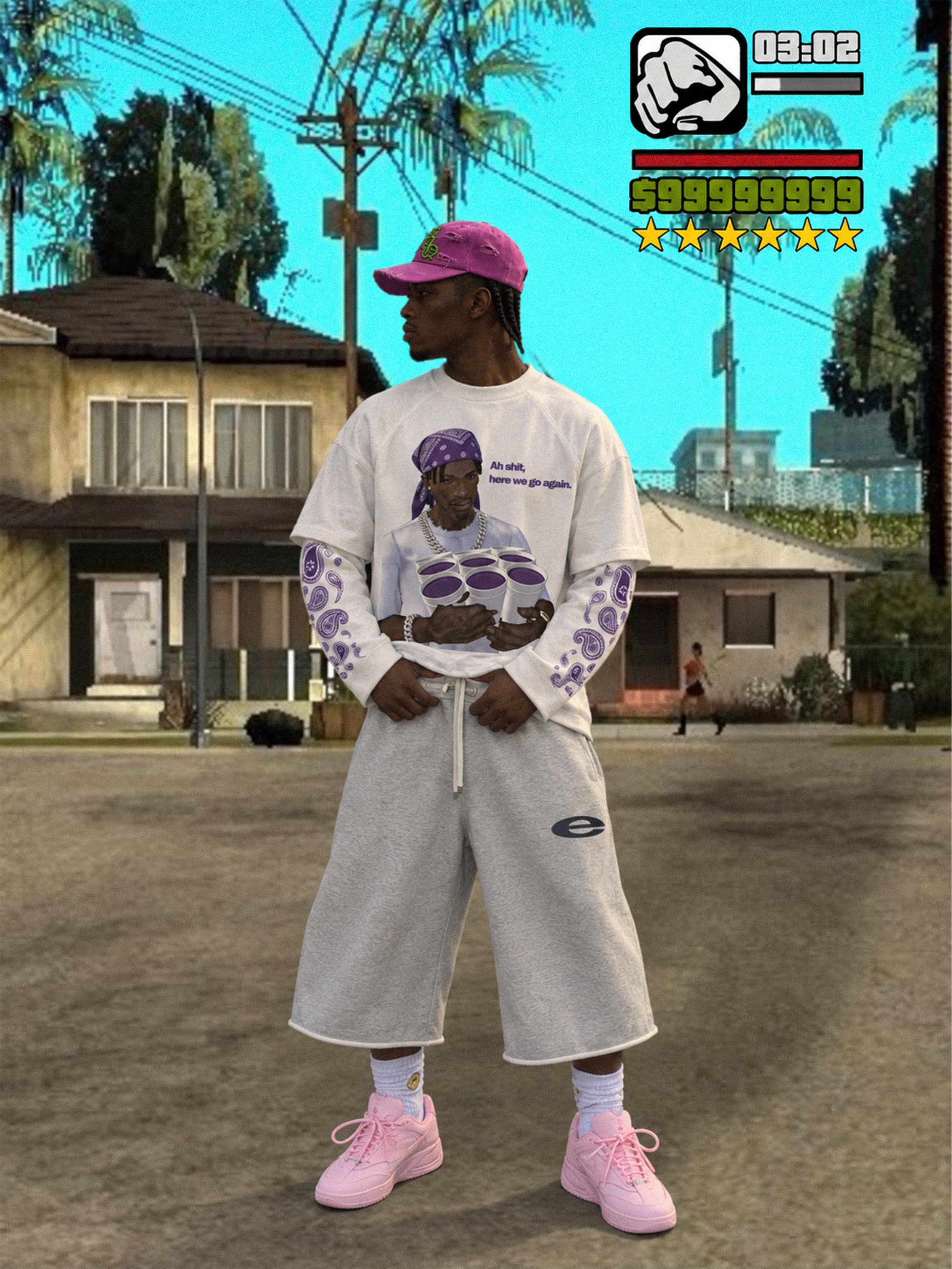 NOISSEY Gaming Character Purple Paisley Fake-Two-Piece Heavyweight Long Sleeves  White