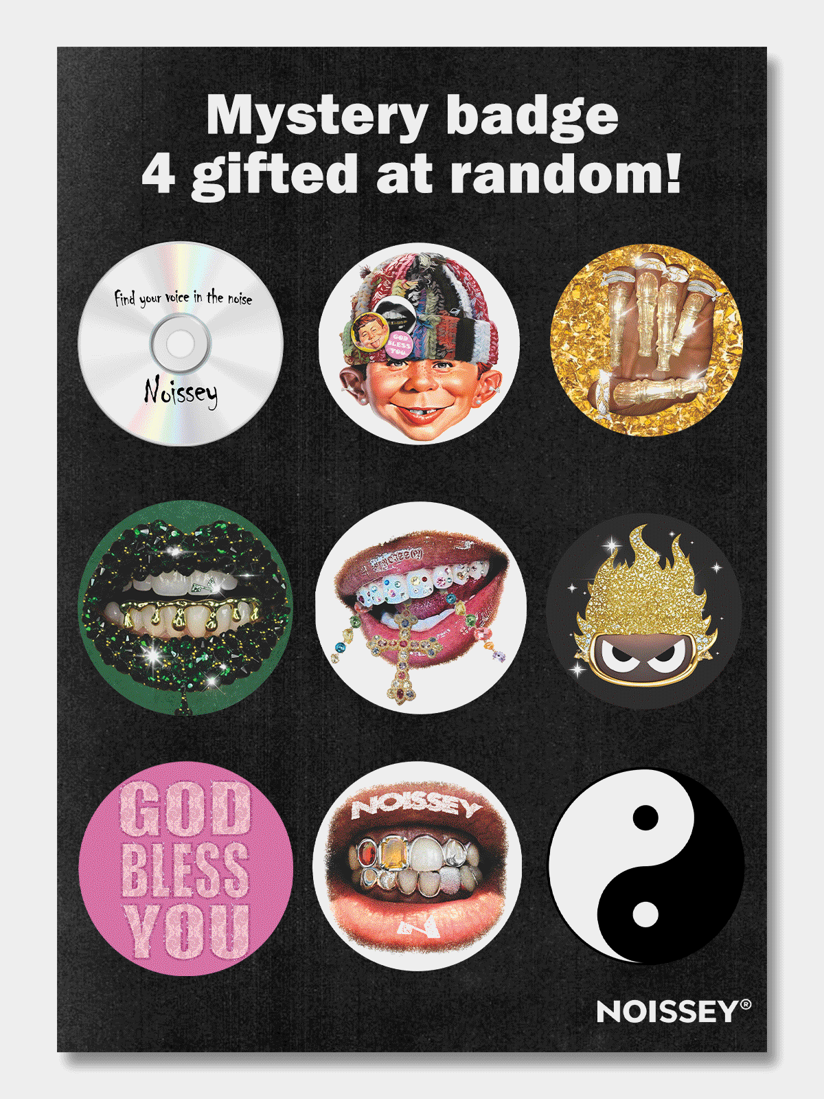 Graphic showing "Mystery badge 4 gifted at random" with collection of various pin designs