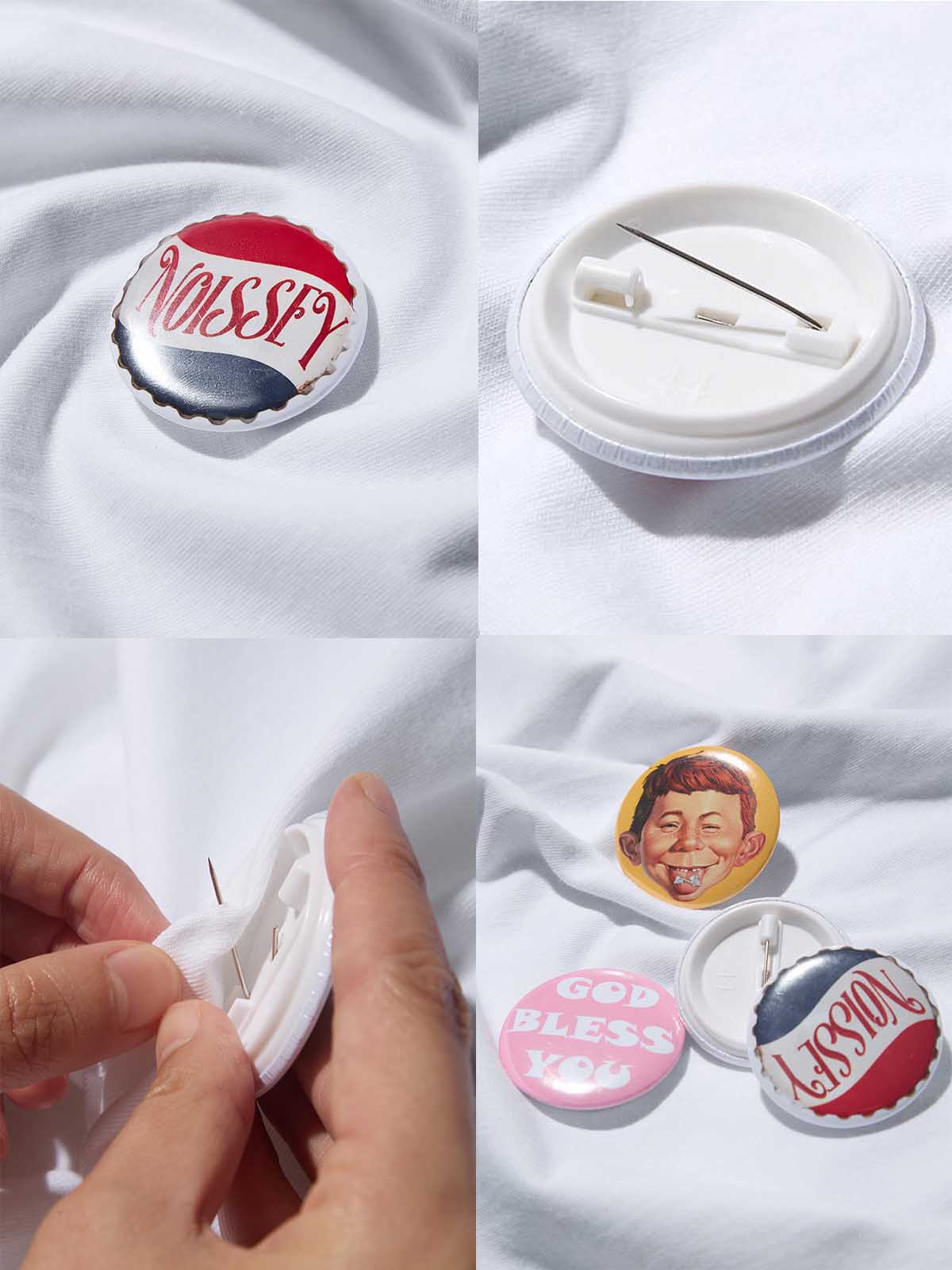 Hands pinning custom badges onto the printed crochet beanie graphic on the t-shirt