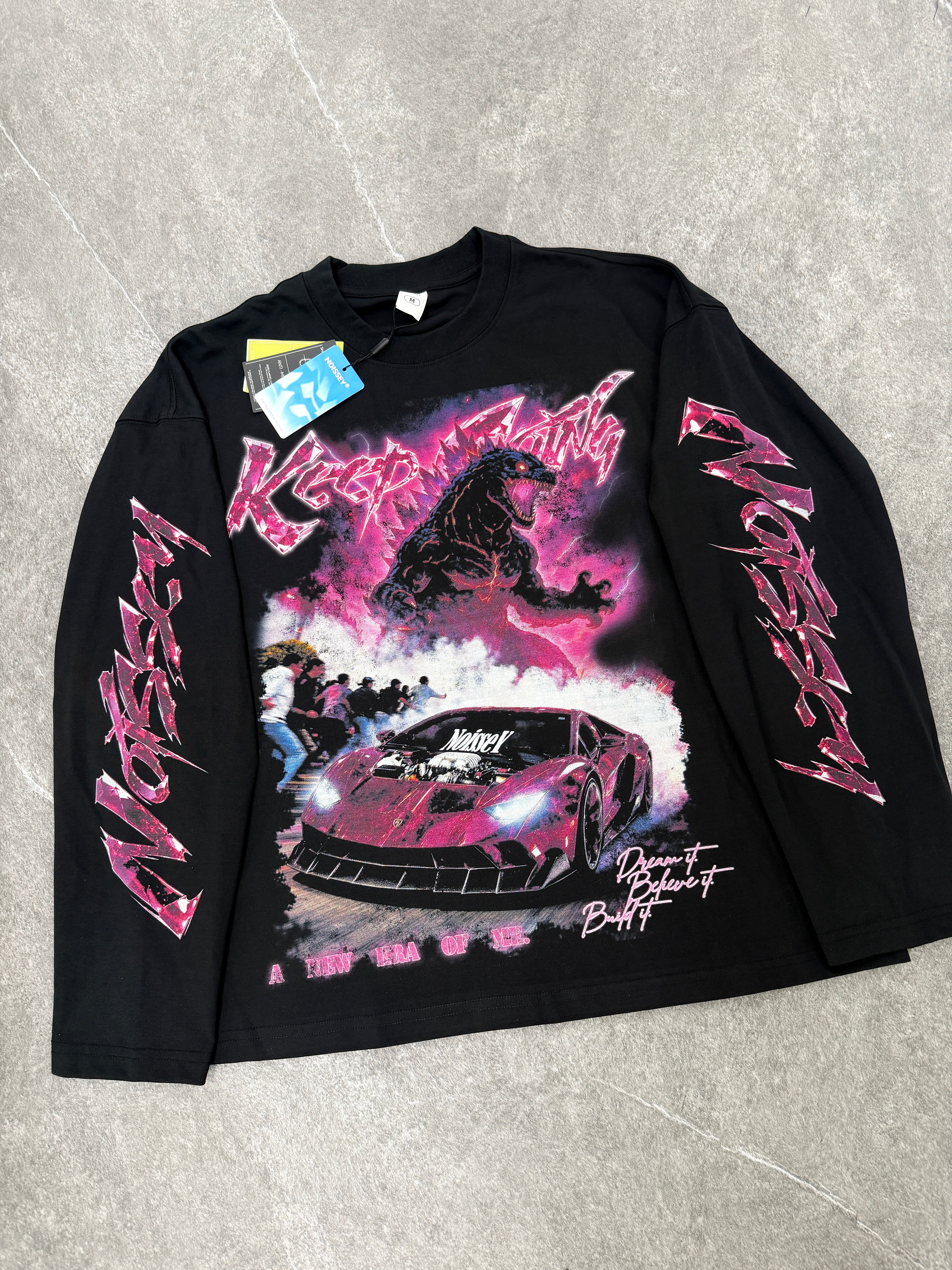 NOISSEY "Keep Going" Pink Diamond Godzilla & Supercar Black Long Sleeve Tee